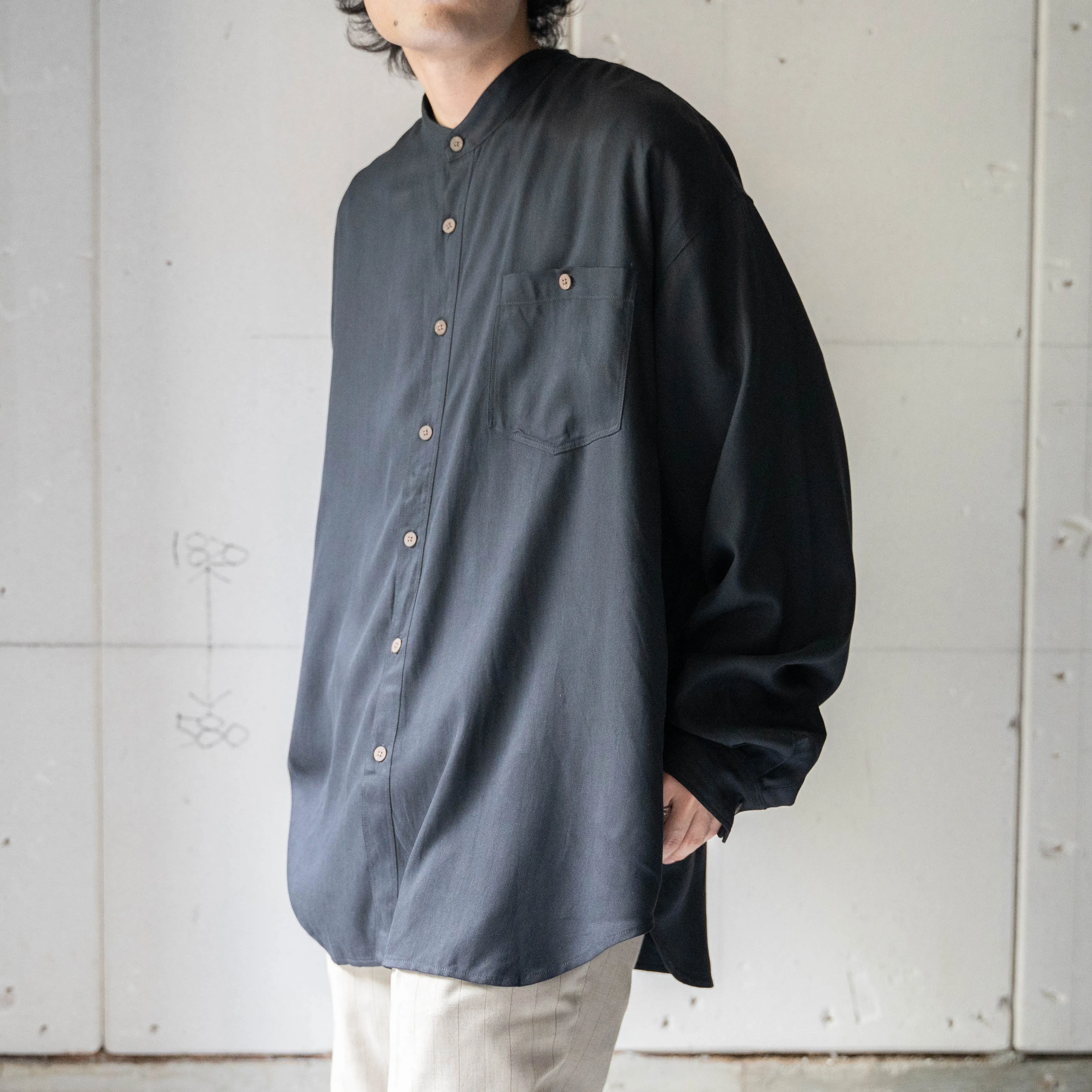 1990s black color all silk no collar shirt