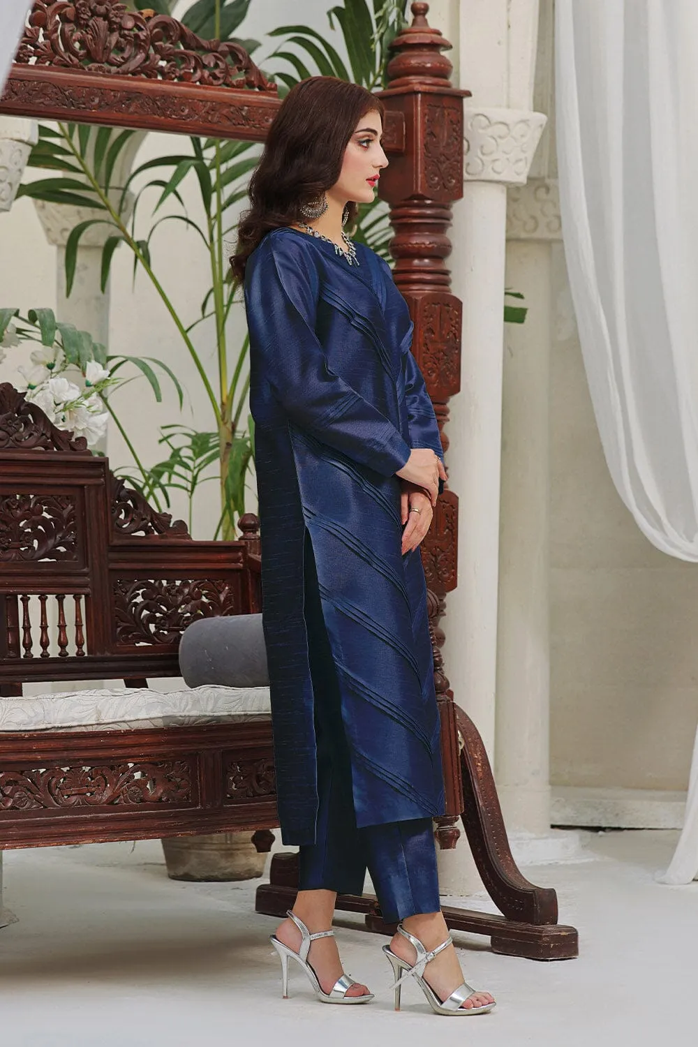 2PC Stitched Silk Shirt & Trouser Navy Blue KFS-2370