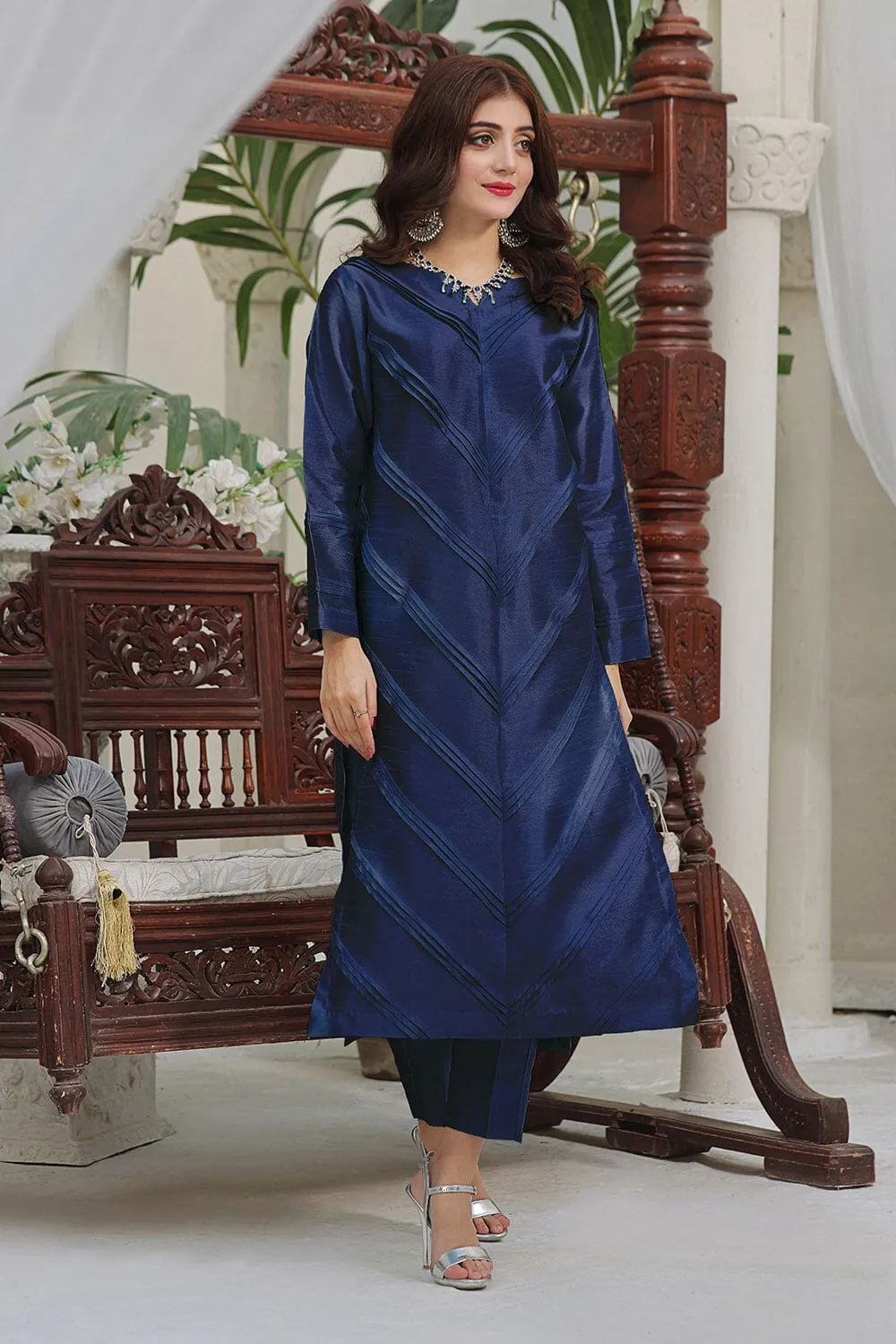 2PC Stitched Silk Shirt & Trouser Navy Blue KFS-2370