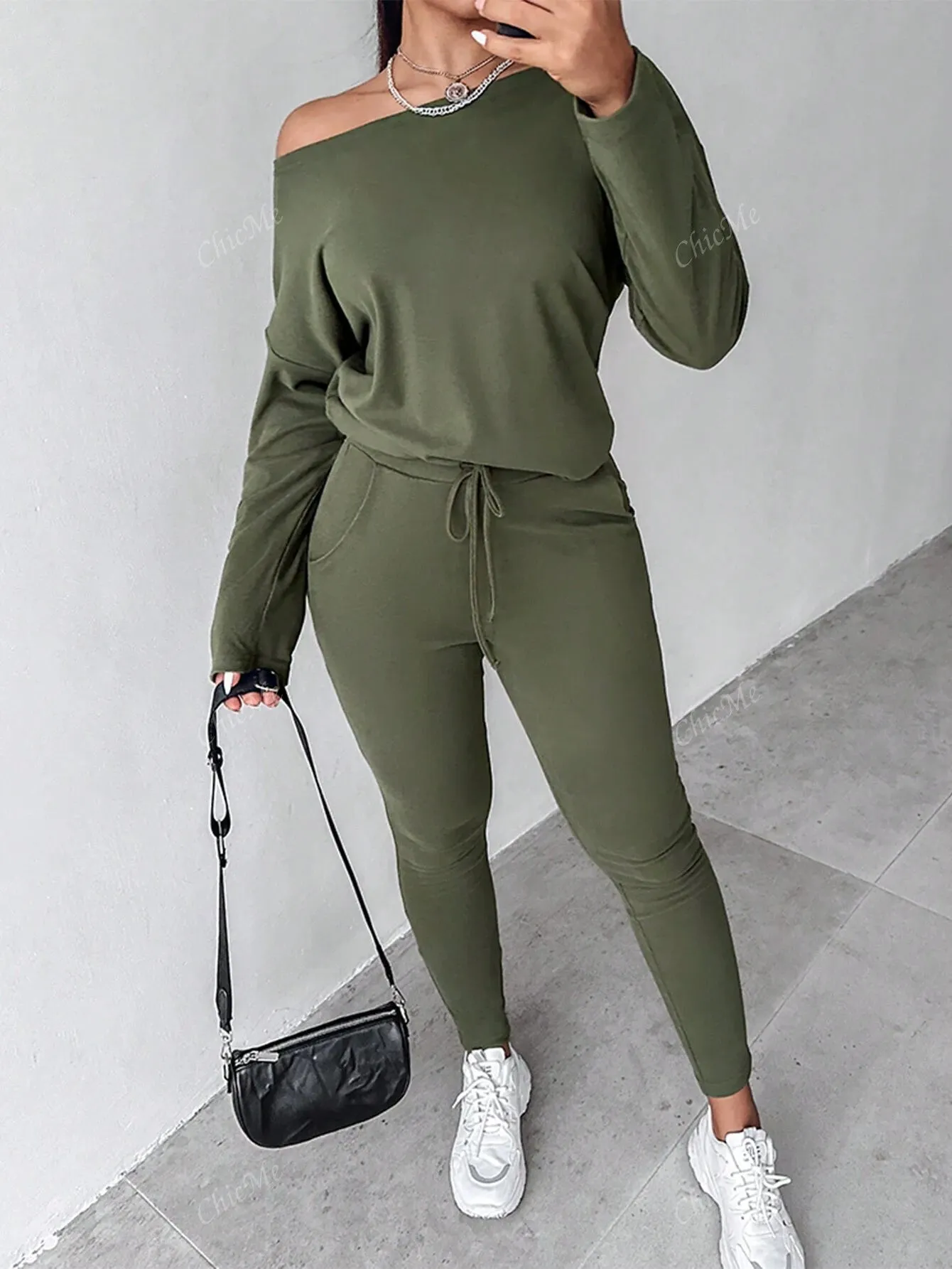 2pcs Set Casual Asymmetrical Shoulder Solid Sweatshirt   Solid Elastic Waist Pants