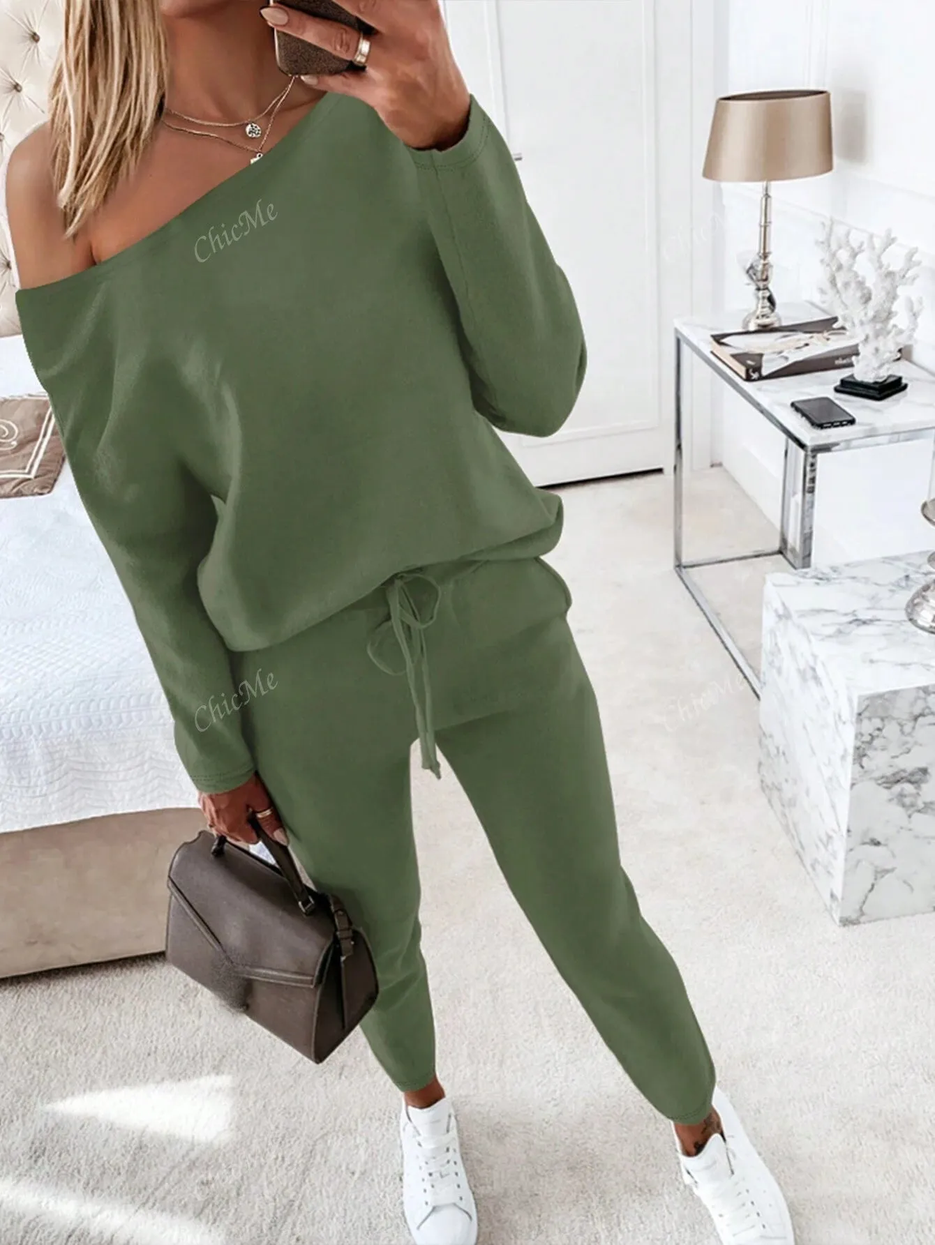 2pcs Set Casual Asymmetrical Shoulder Solid Sweatshirt   Solid Elastic Waist Pants