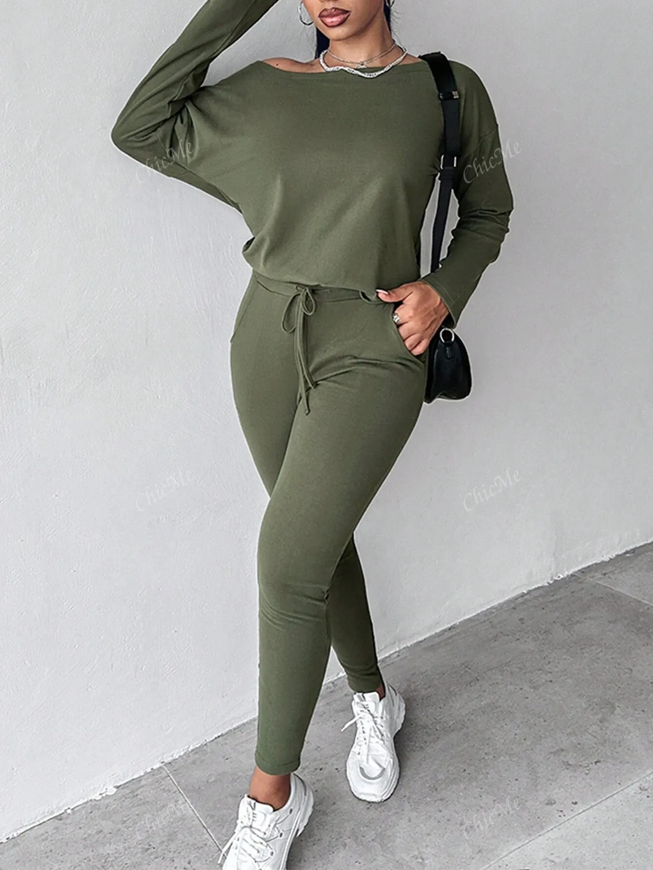 2pcs Set Casual Asymmetrical Shoulder Solid Sweatshirt   Solid Elastic Waist Pants