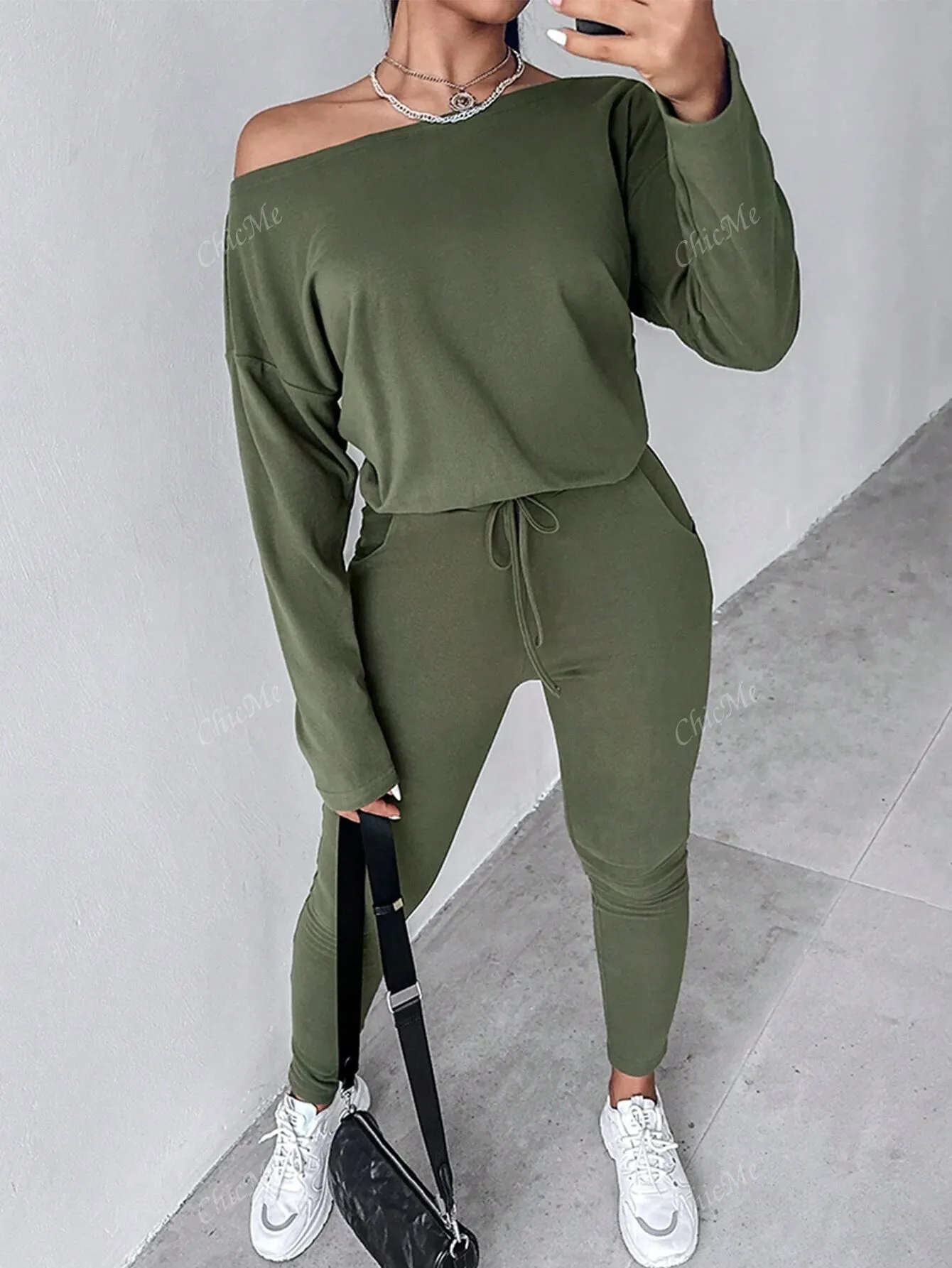 2pcs Set Casual Asymmetrical Shoulder Solid Sweatshirt   Solid Elastic Waist Pants