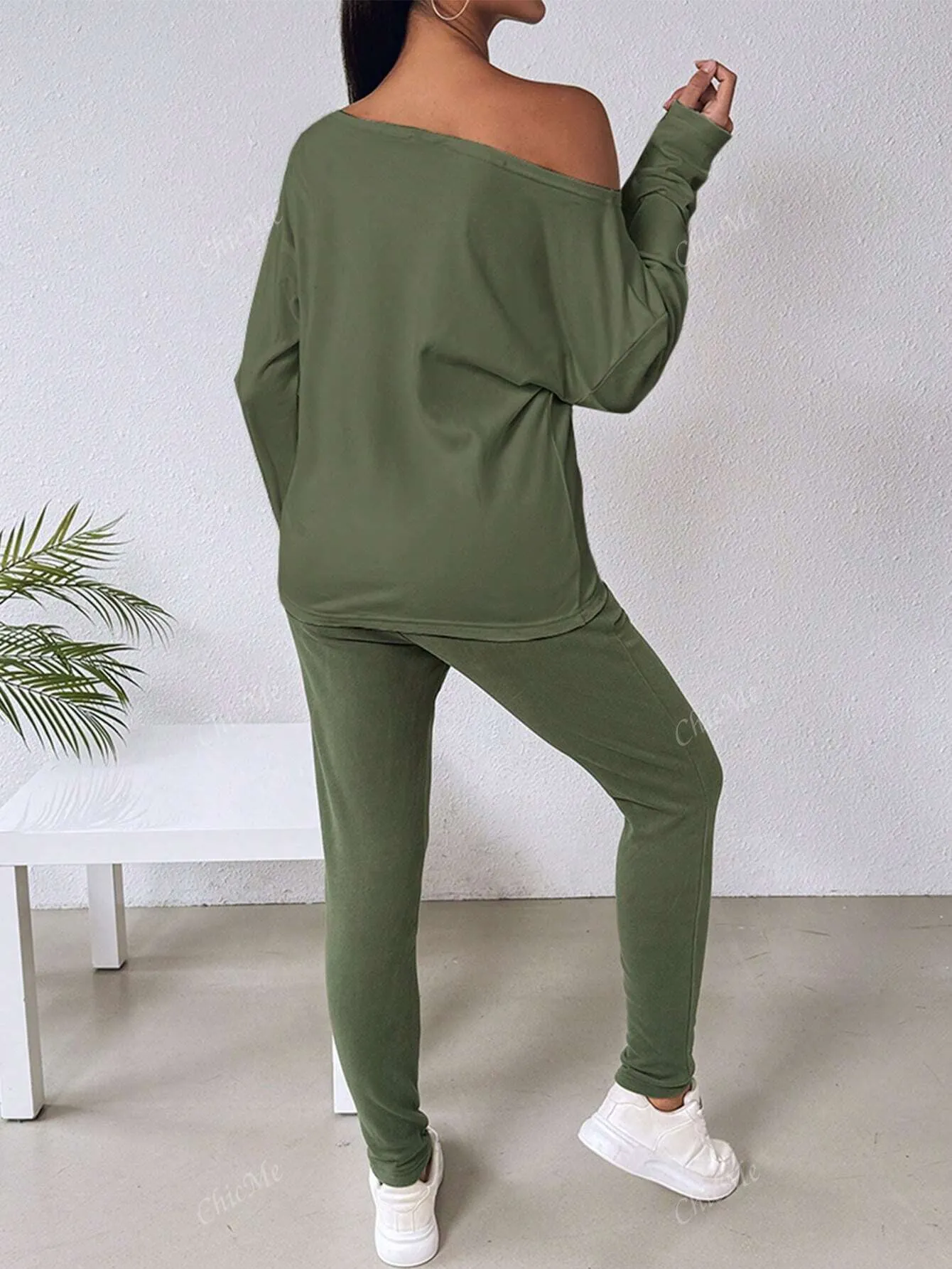 2pcs Set Casual Asymmetrical Shoulder Solid Sweatshirt   Solid Elastic Waist Pants