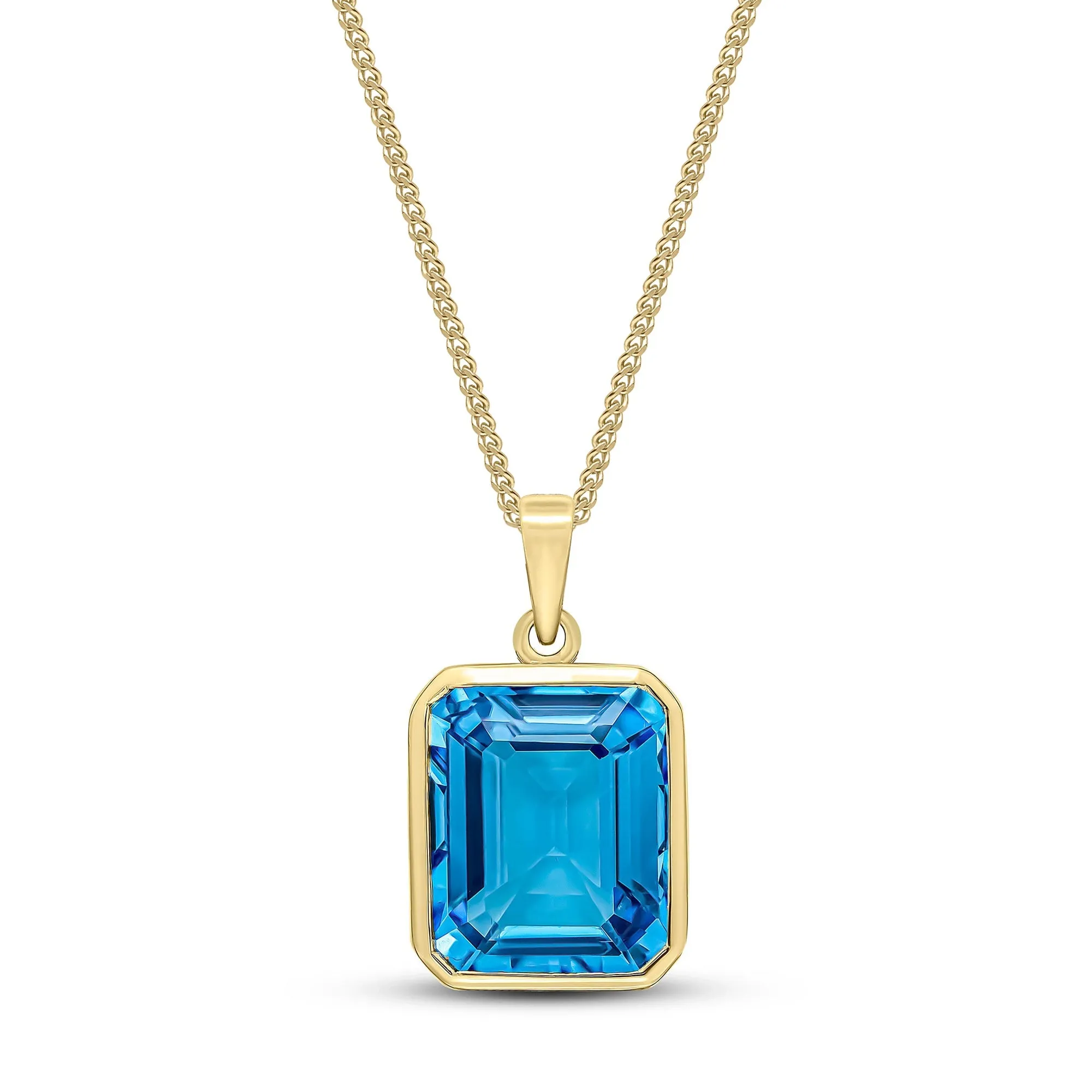 9ct Yellow Gold Swiss Blue Topaz Large Emerald Cut Pendant 6.35ct