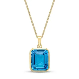 9ct Yellow Gold Swiss Blue Topaz Large Emerald Cut Pendant 6.35ct