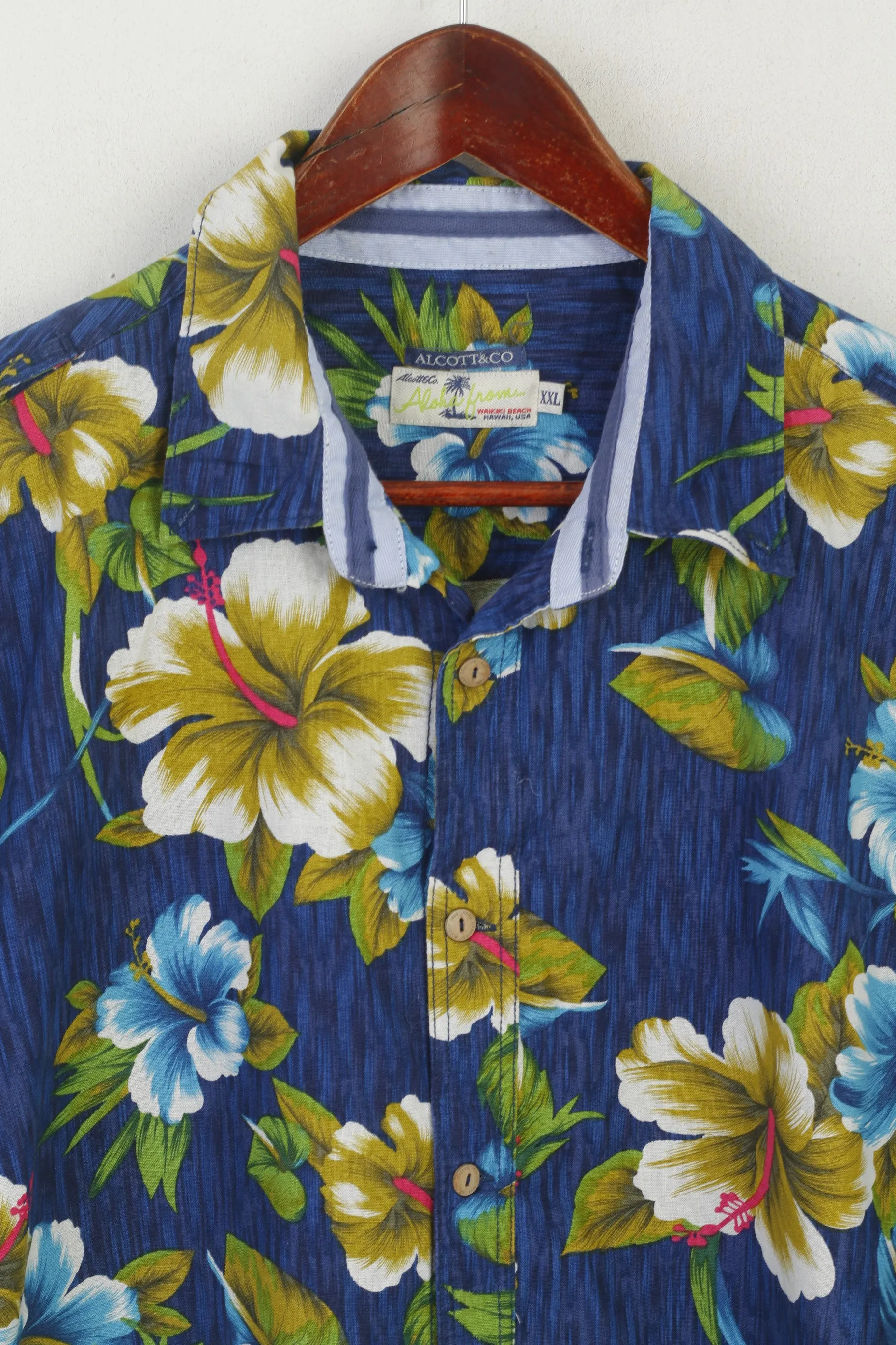 Alcott & Co Men XXL Casual Shirt Blue Linen Cotton Aloha Hawaii Floral Short Sleeve Top