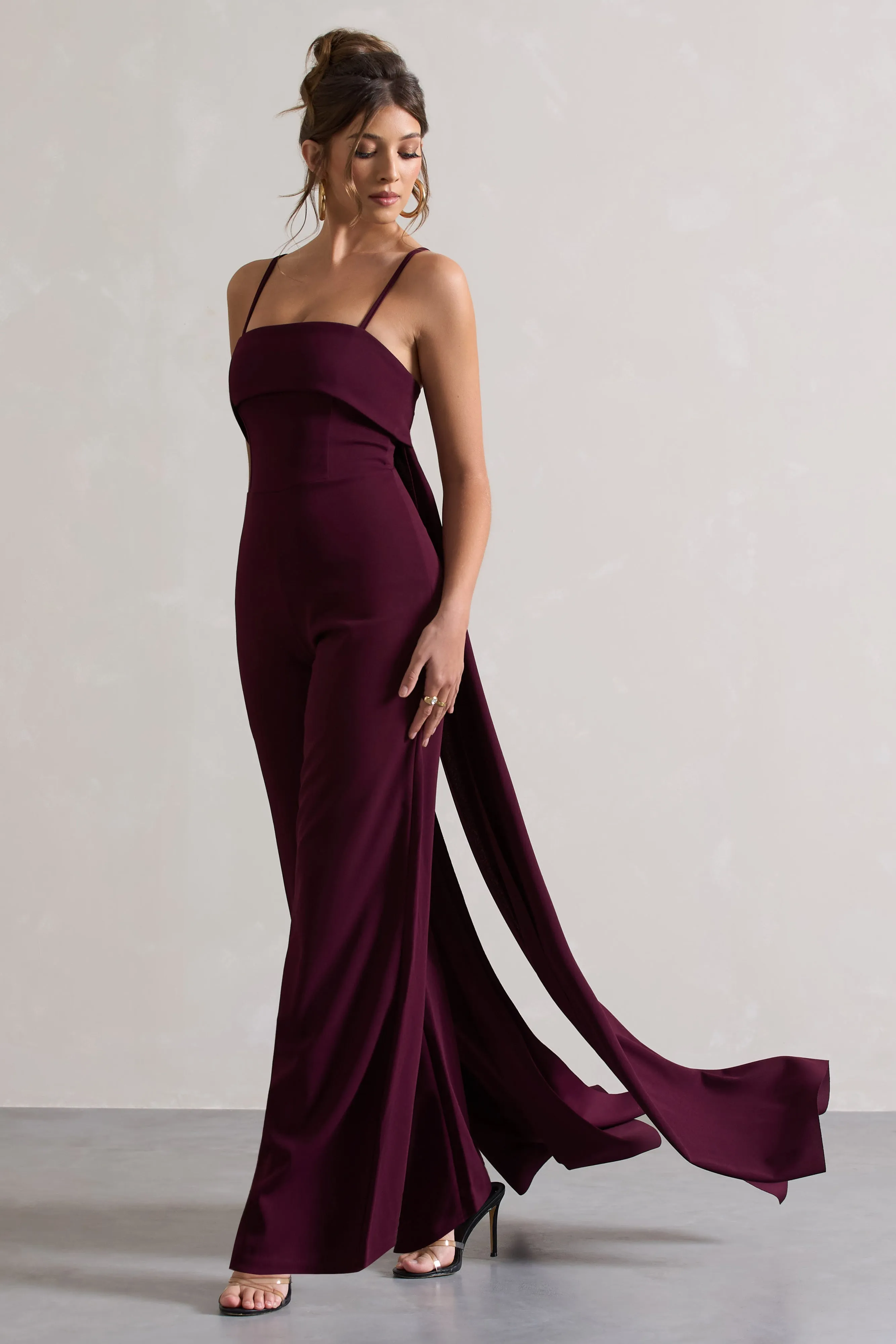 Amaya | Dark Plum Bandeau Wide-Leg Jumpsuit With Cape