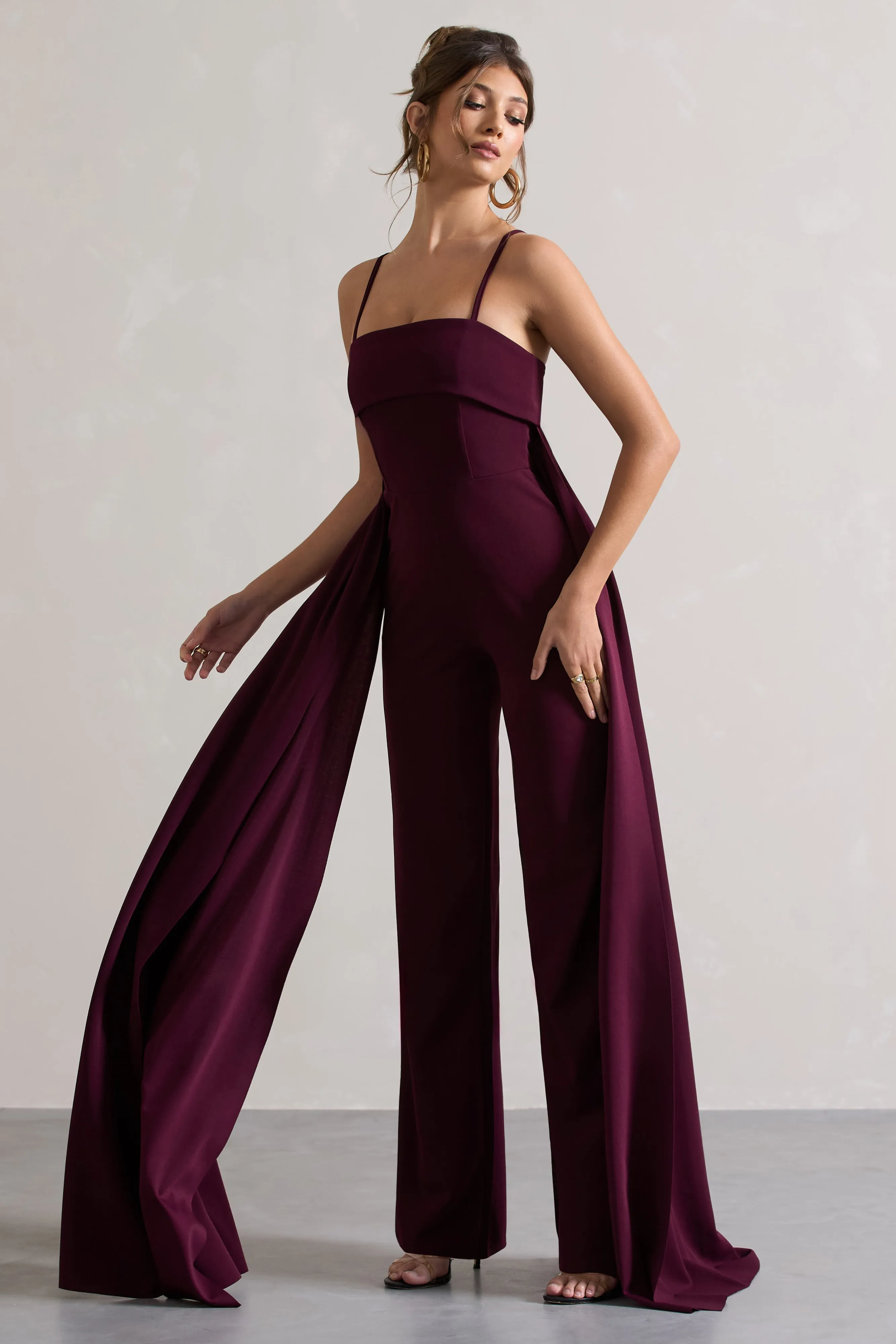 Amaya | Dark Plum Bandeau Wide-Leg Jumpsuit With Cape