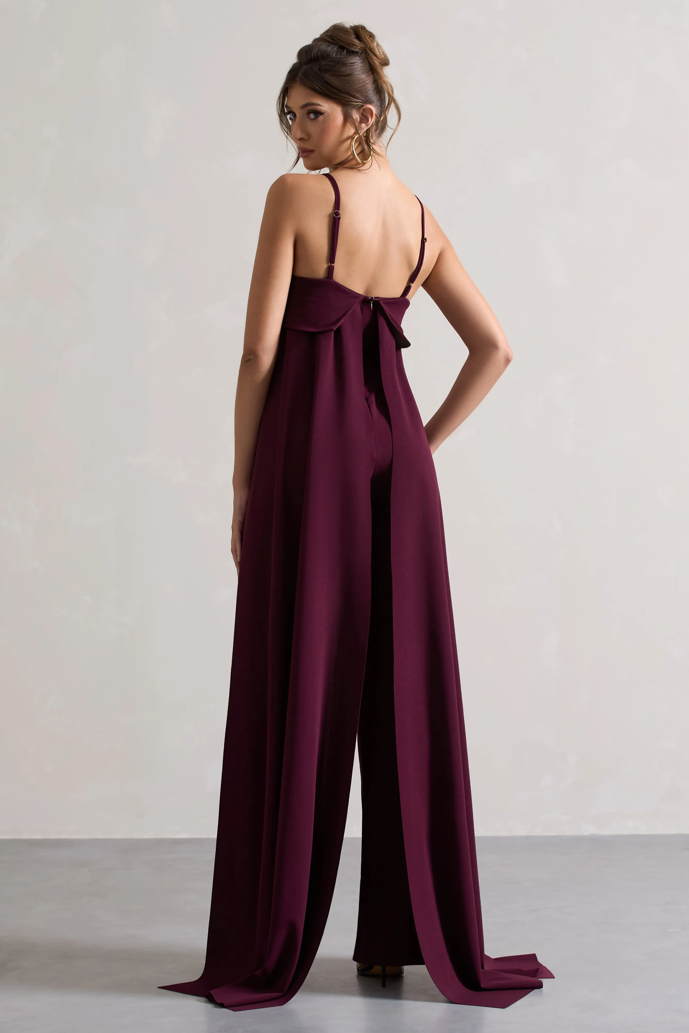 Amaya | Dark Plum Bandeau Wide-Leg Jumpsuit With Cape