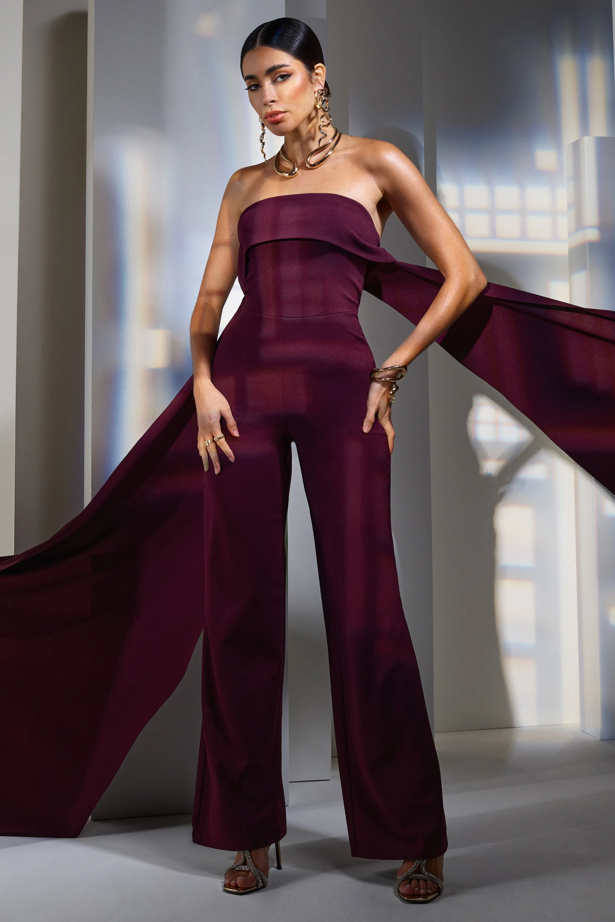 Amaya | Dark Plum Bandeau Wide-Leg Jumpsuit With Cape