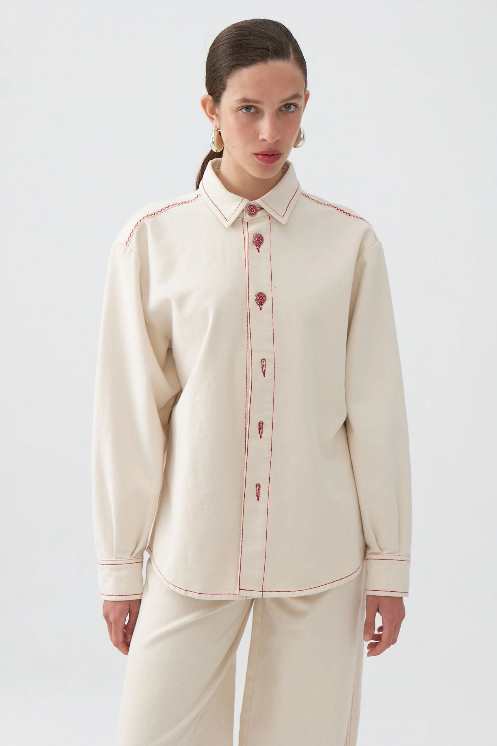 Appliqué Long Sleeve Cream Shirt