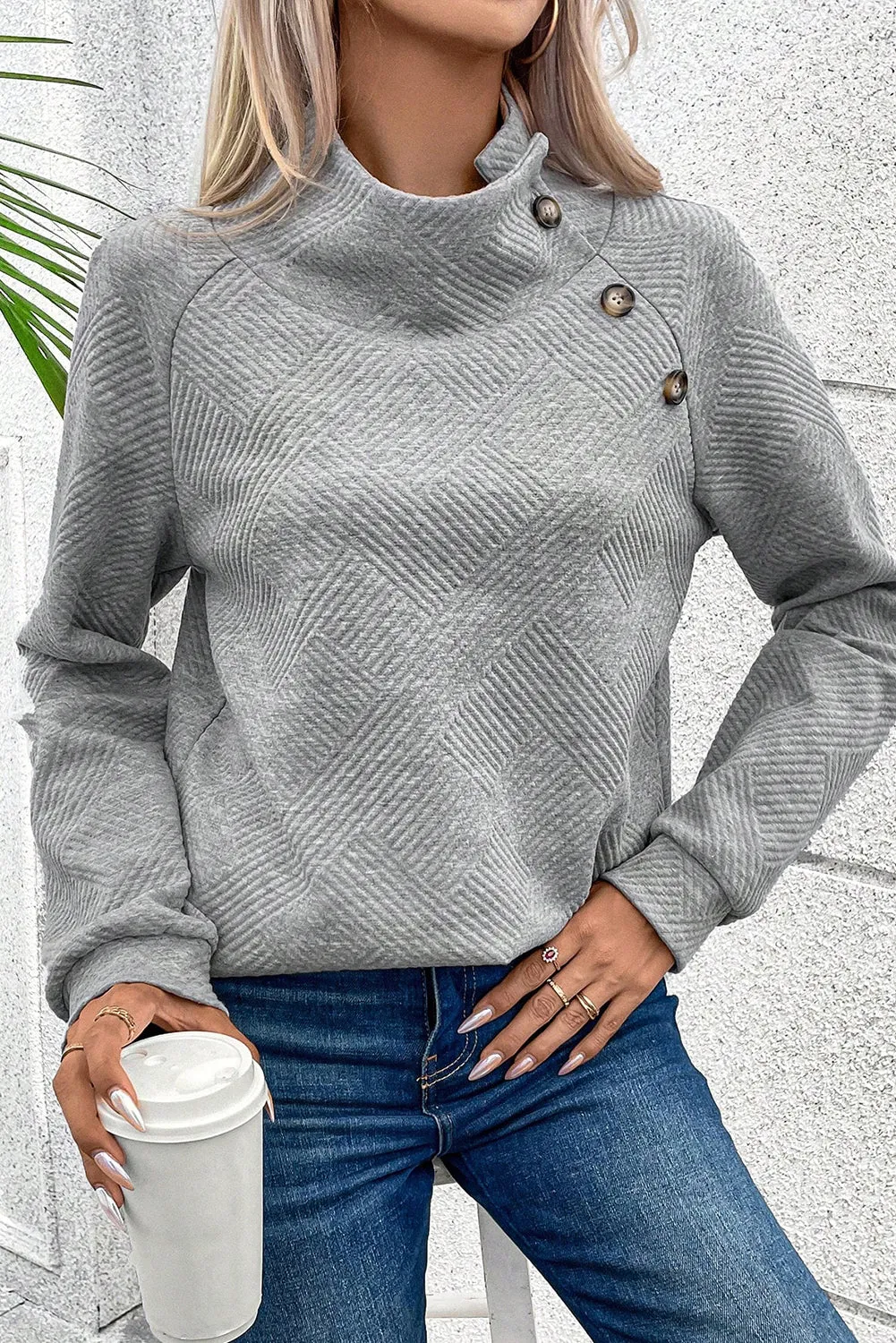 Asymmetric Buttons Detail High Neck Textured Sweatshirt