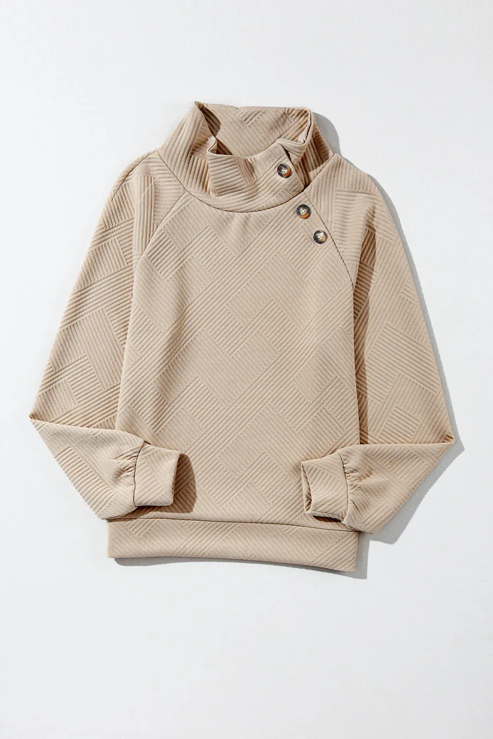 Asymmetric Buttons Detail High Neck Textured Sweatshirt