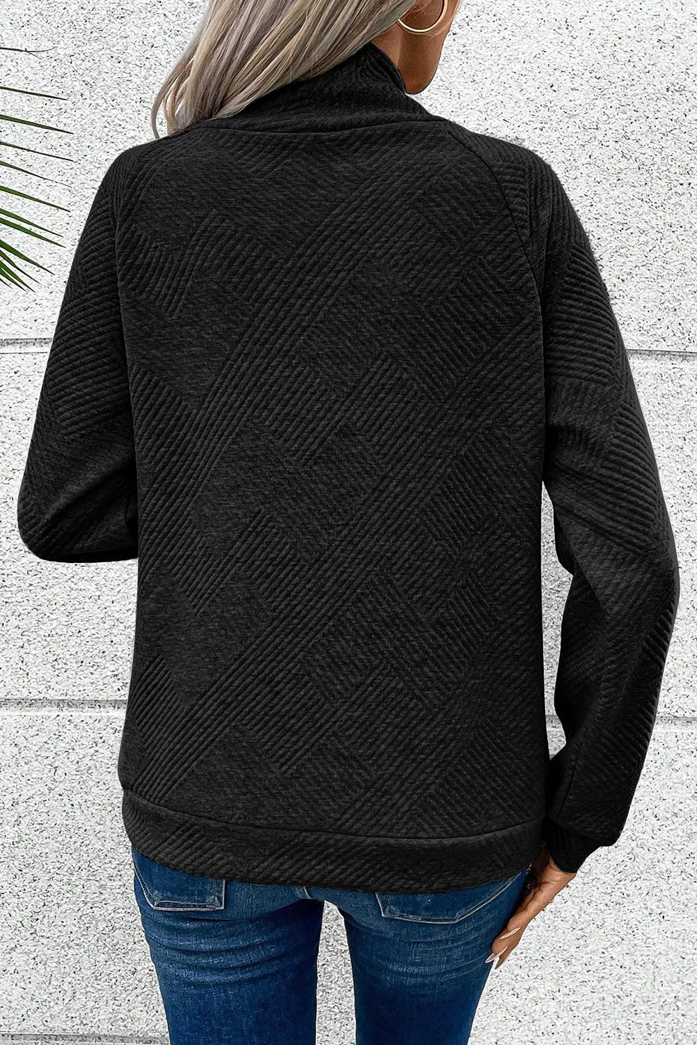 Asymmetric Buttons Detail High Neck Textured Sweatshirt