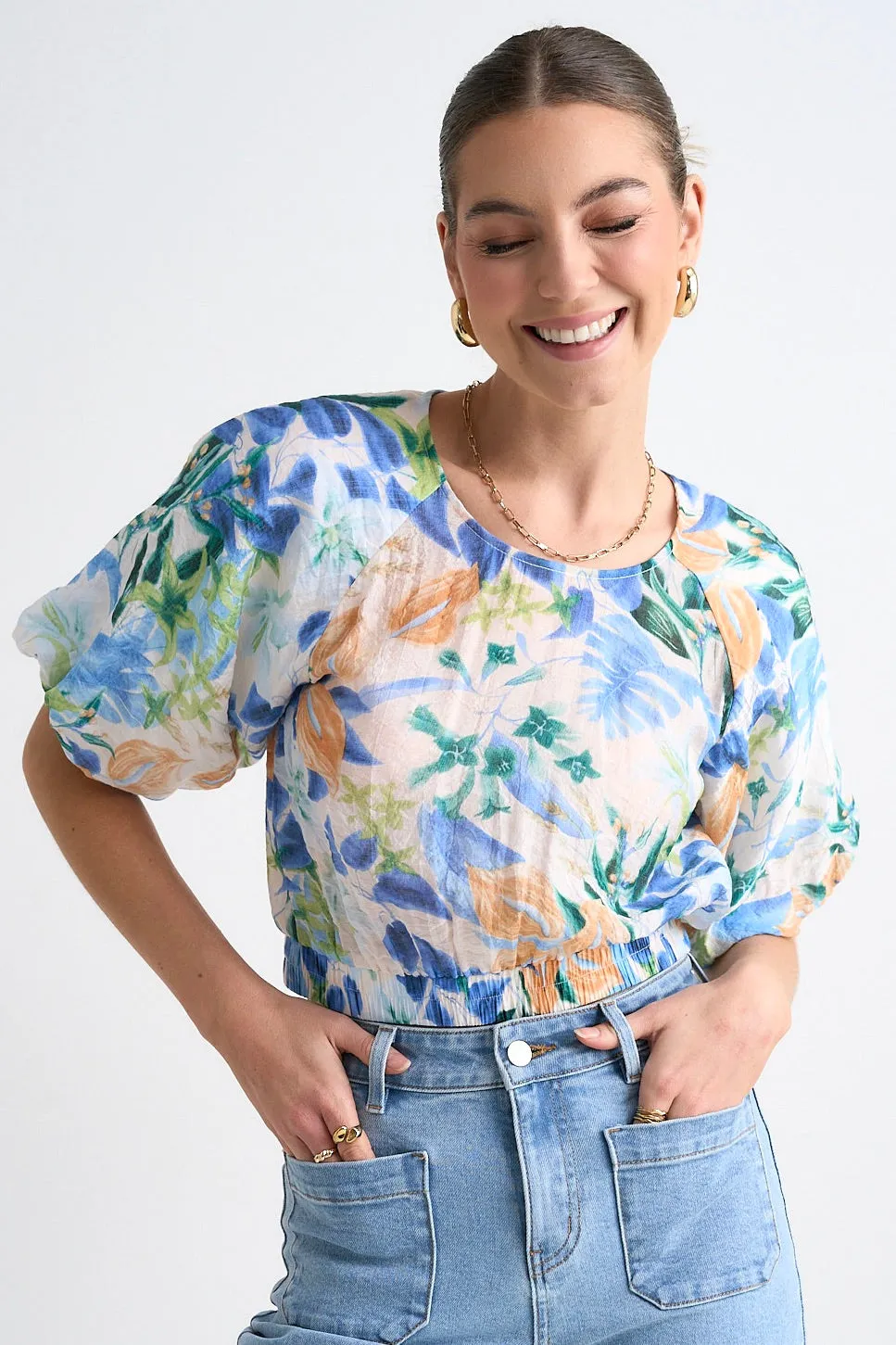 Optimized Title: Ayres Womens Short Sleeve Crew Neck Tropical Floral Top in Blue and Orange