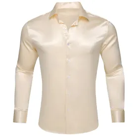 Beige Satin Solid Silk Men's Long Sleeve Shirt