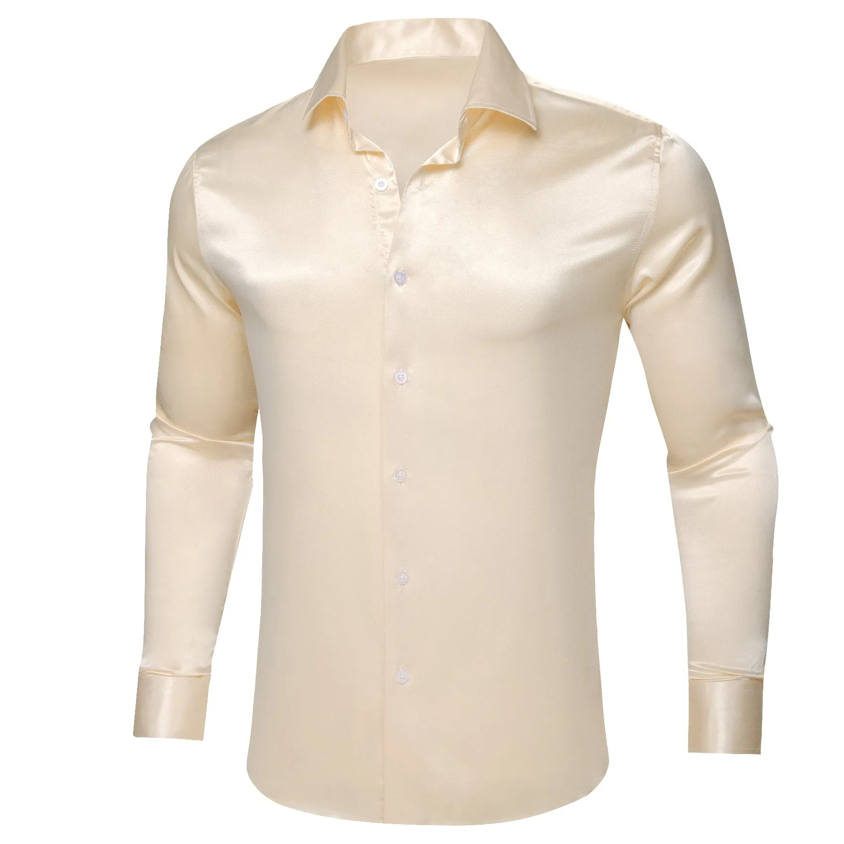 Beige Satin Solid Silk Men's Long Sleeve Shirt