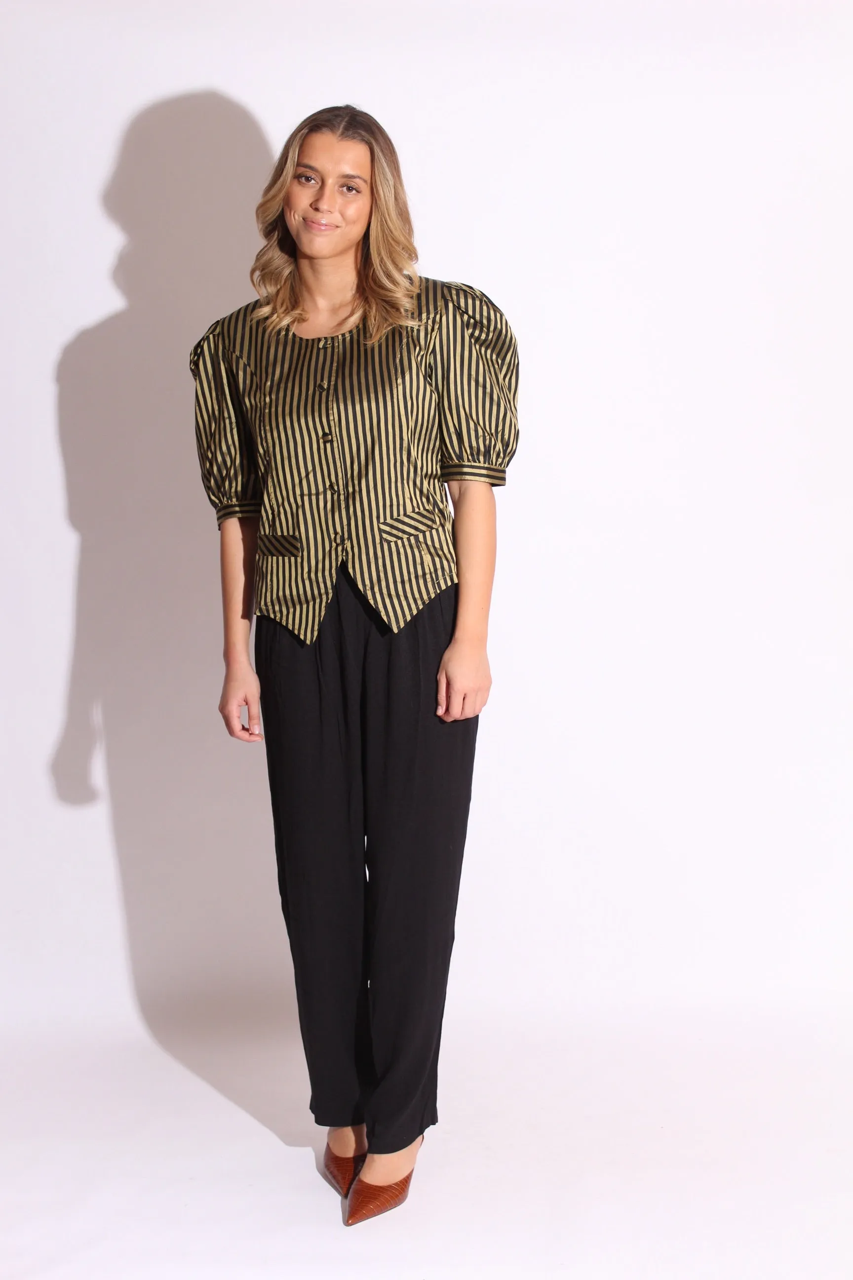 Black Gold Striped Puf Sleeves Shirt