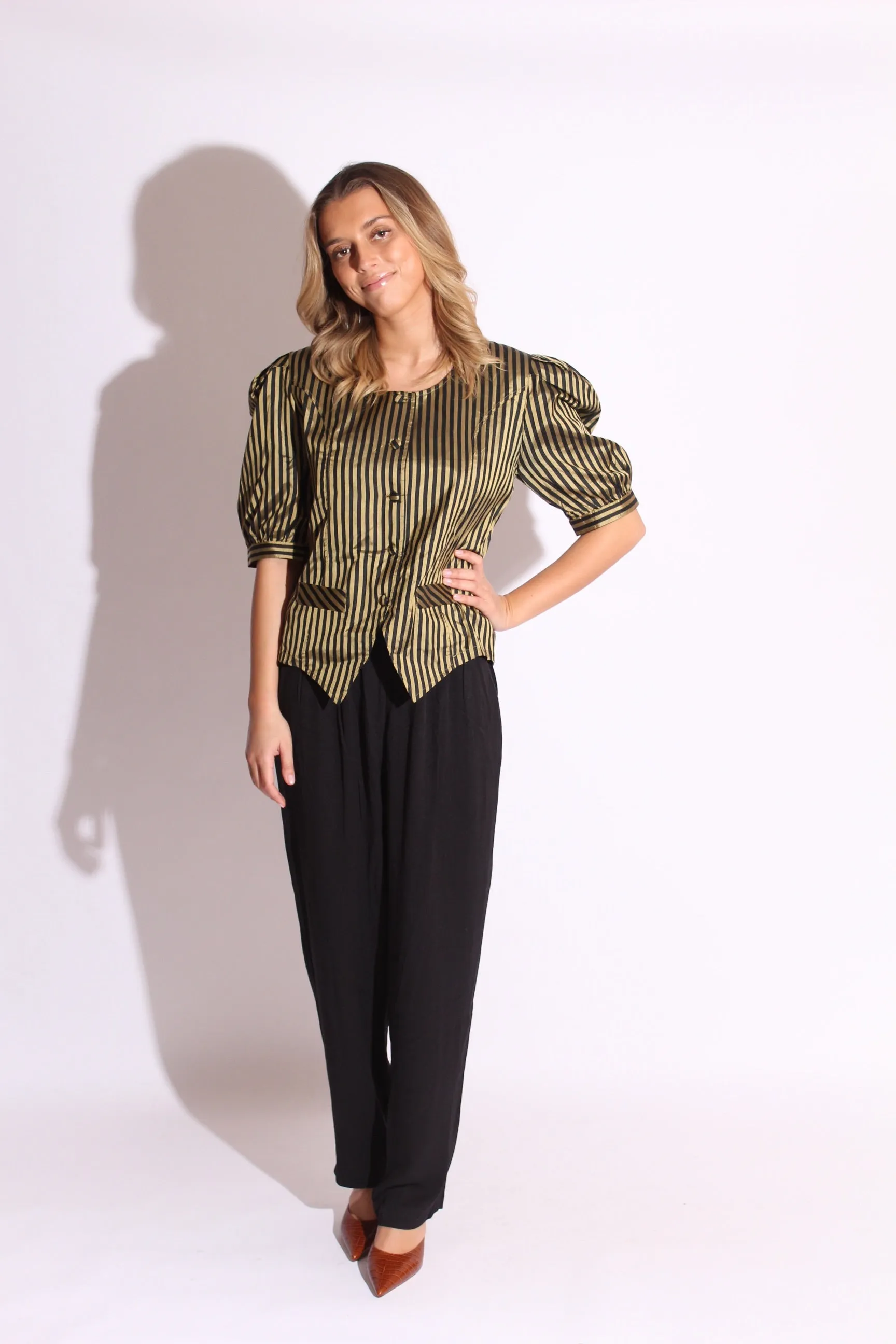 Black Gold Striped Puf Sleeves Shirt