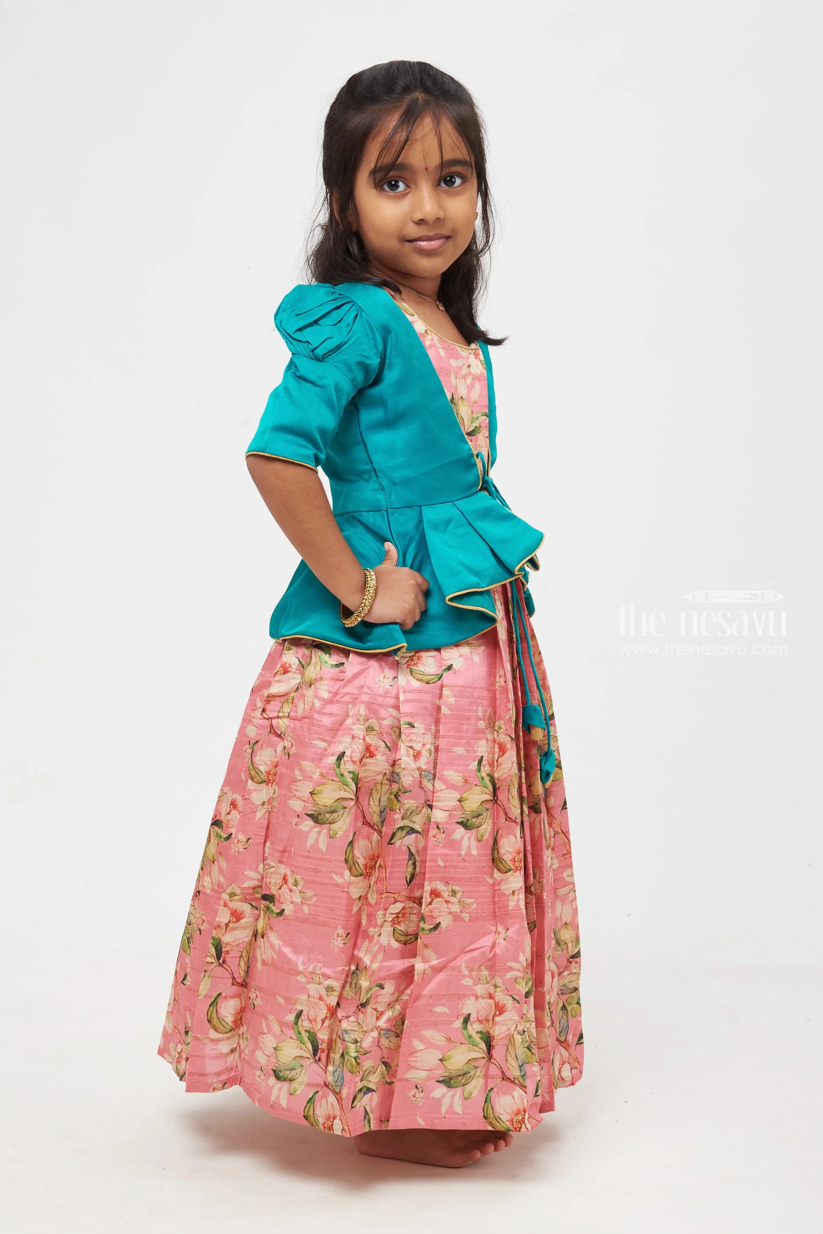 Blossom Bliss: Children's Teal Peplum Jacket & Rose-Tinted Anarkali Gown