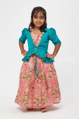 Blossom Bliss: Children's Teal Peplum Jacket & Rose-Tinted Anarkali Gown