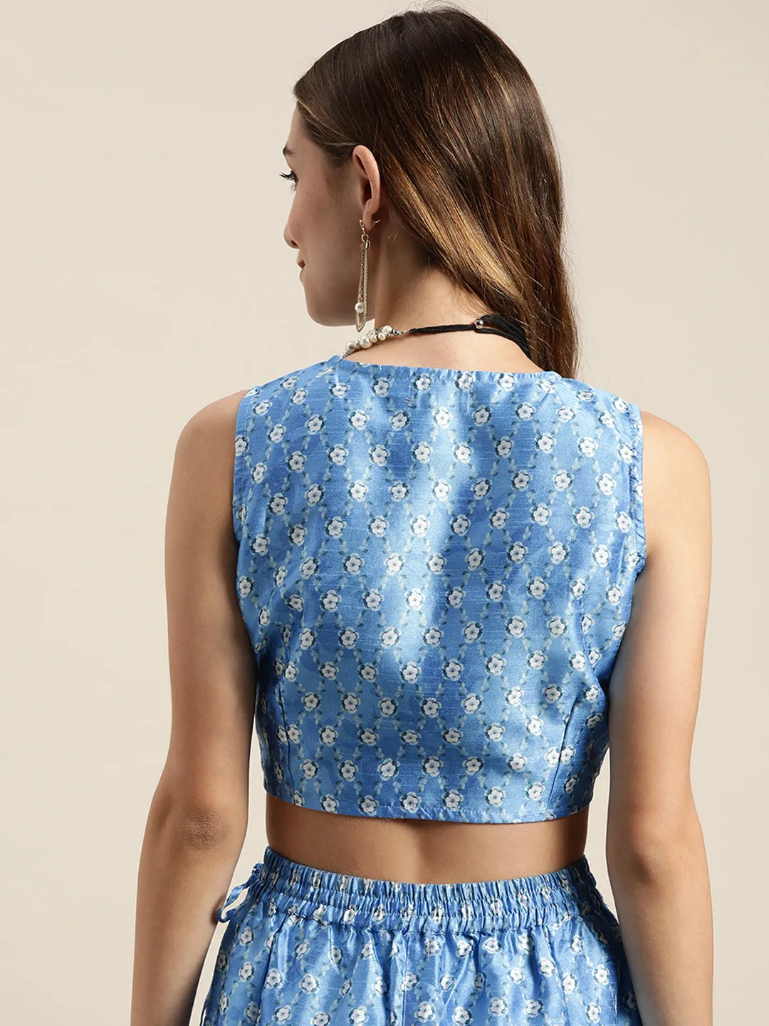 Blue Geo Floral Wrap Crop Top