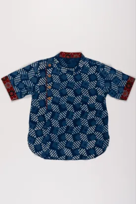 Boys Aesthetic Blue Cotton Shirt with Abstract Design and Unique Cuff Accents