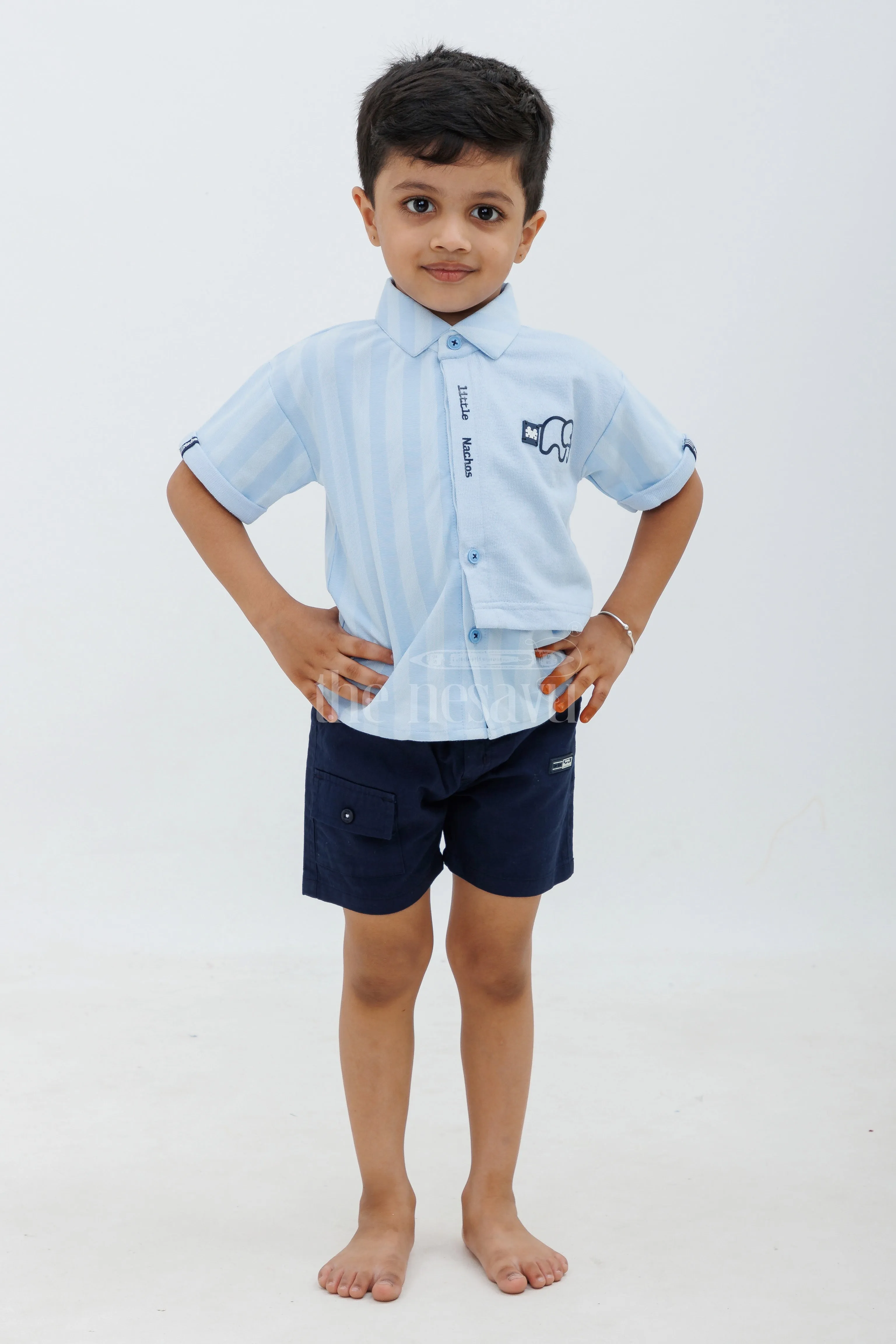 Boys Blue Striped Half Sleeve Shirt and Black Shorts Set