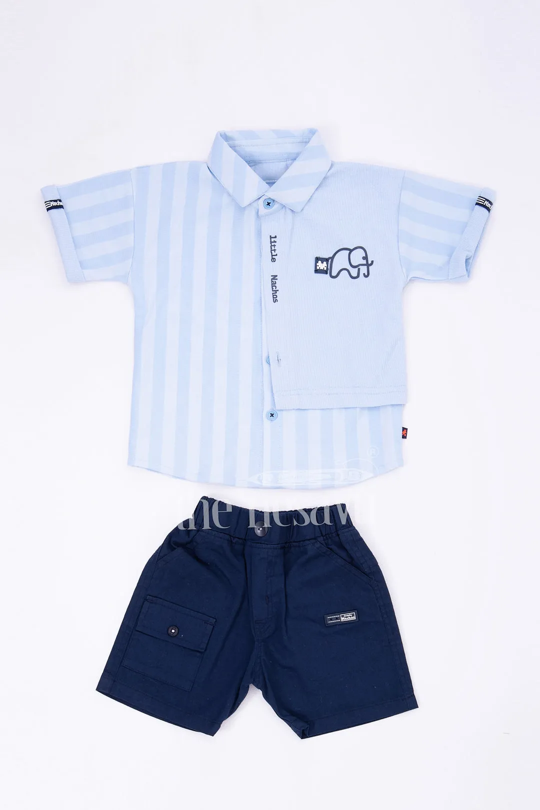 Boys Blue Striped Half Sleeve Shirt and Black Shorts Set