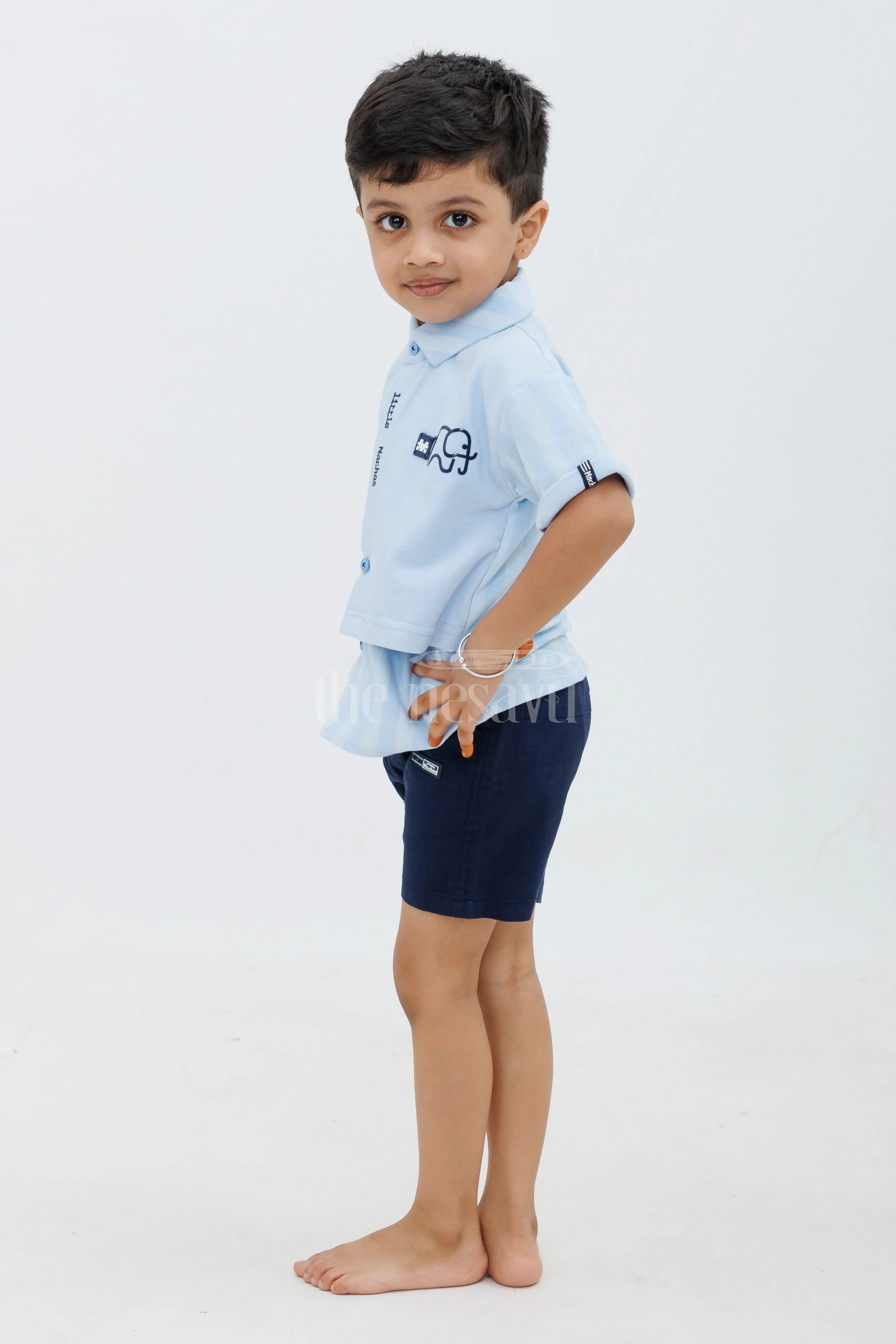 Boys Blue Striped Half Sleeve Shirt and Black Shorts Set