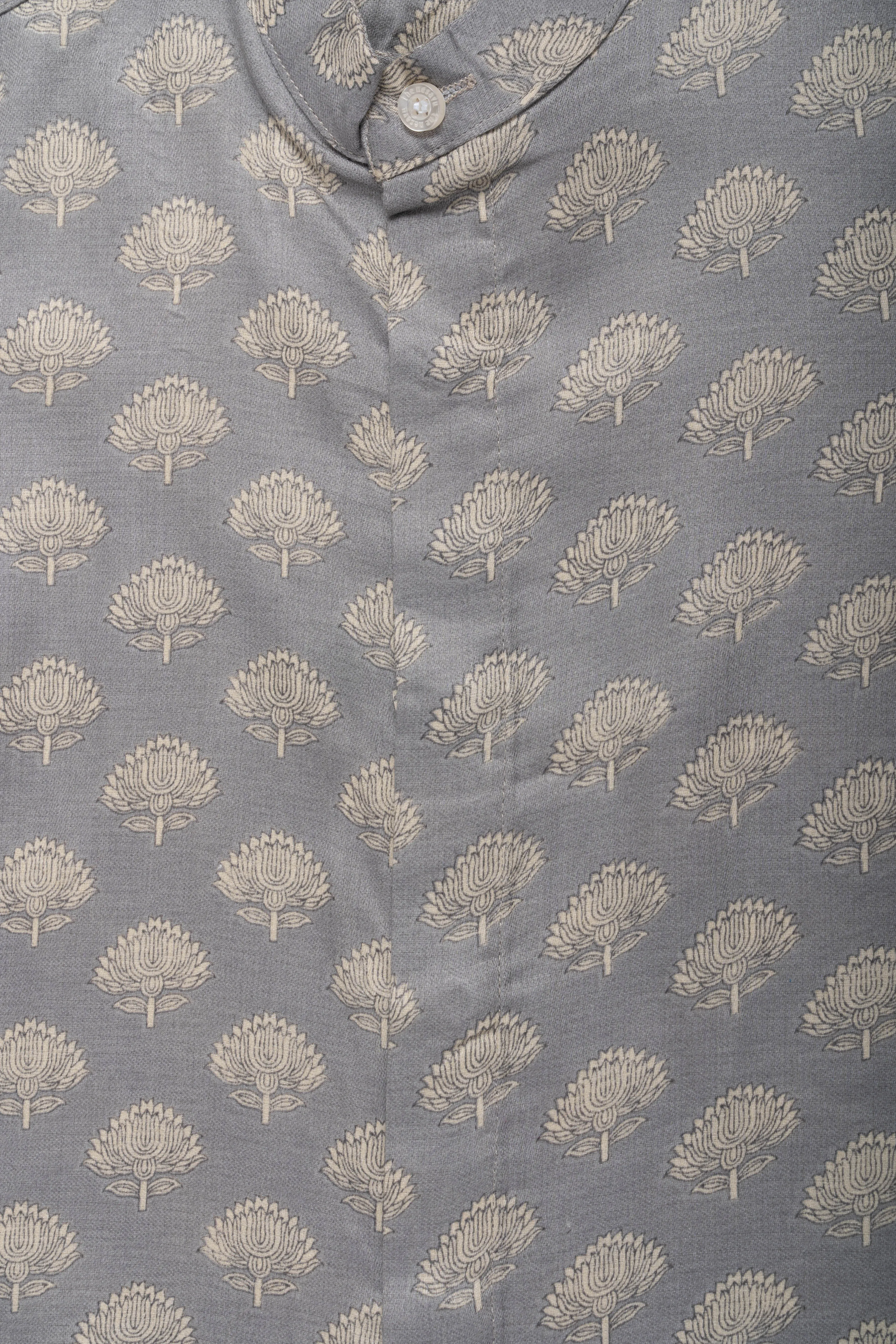 Boys Gray Cotton Shirt with Intricate Tree Print – Casual and Festive Wear