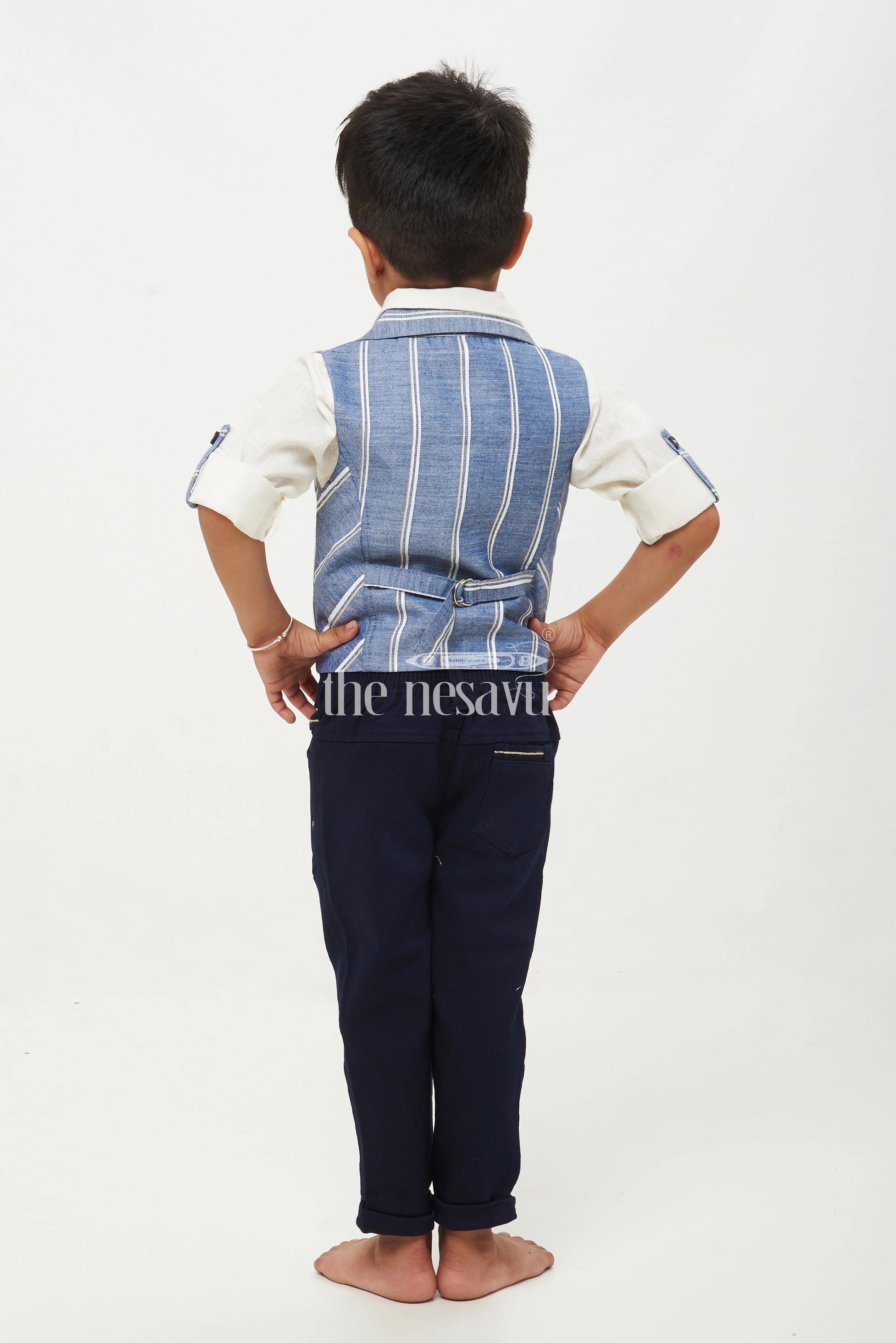 Boys Striped Waistcoat Shirt Bowtie Pants Set - Blue/Cream