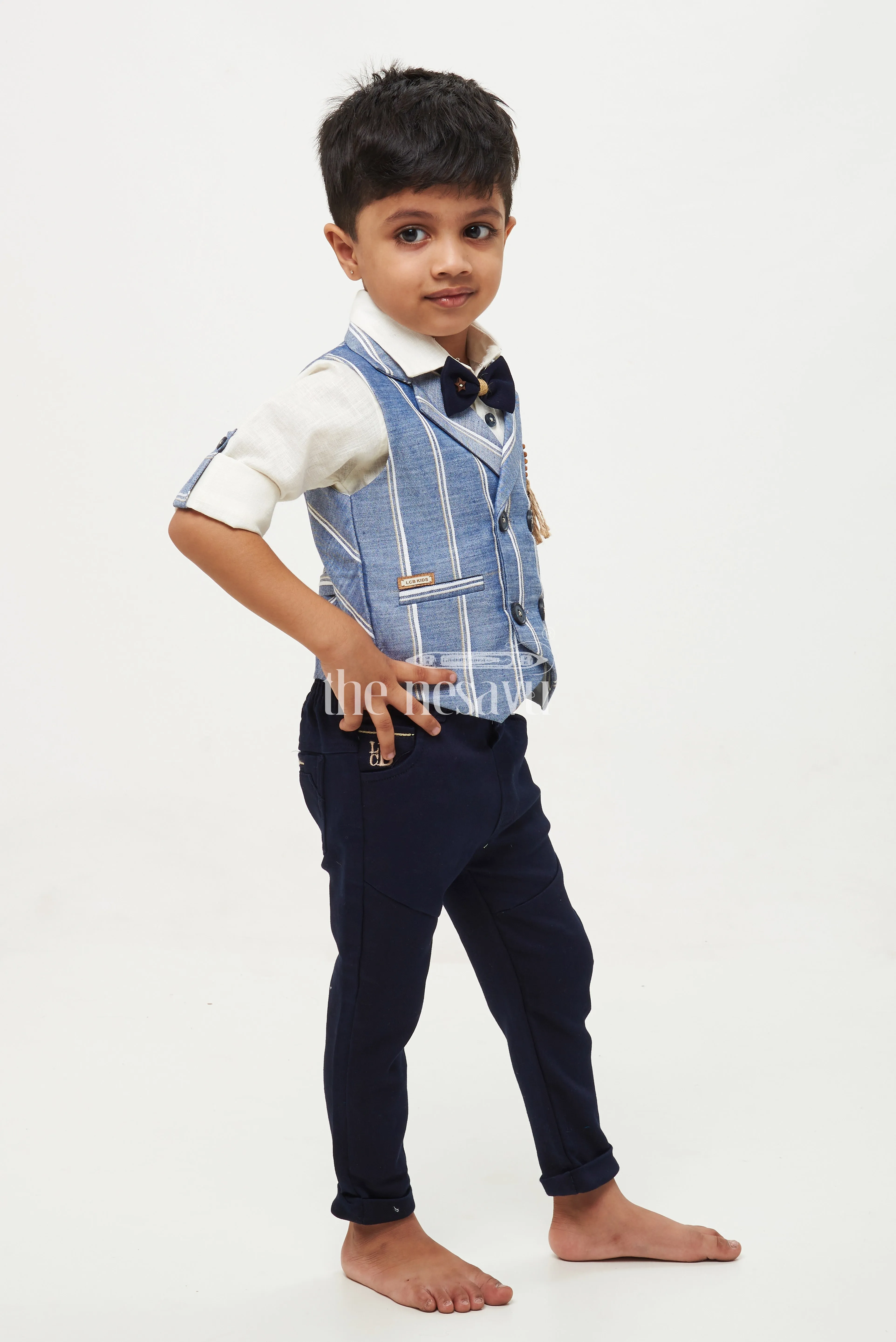 Boys Striped Waistcoat Shirt Bowtie Pants Set - Blue/Cream