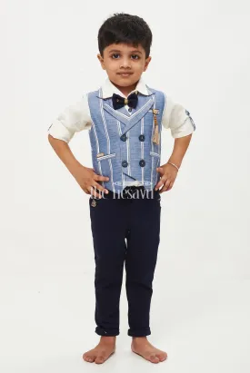 Boys Striped Waistcoat Shirt Bowtie Pants Set - Blue/Cream