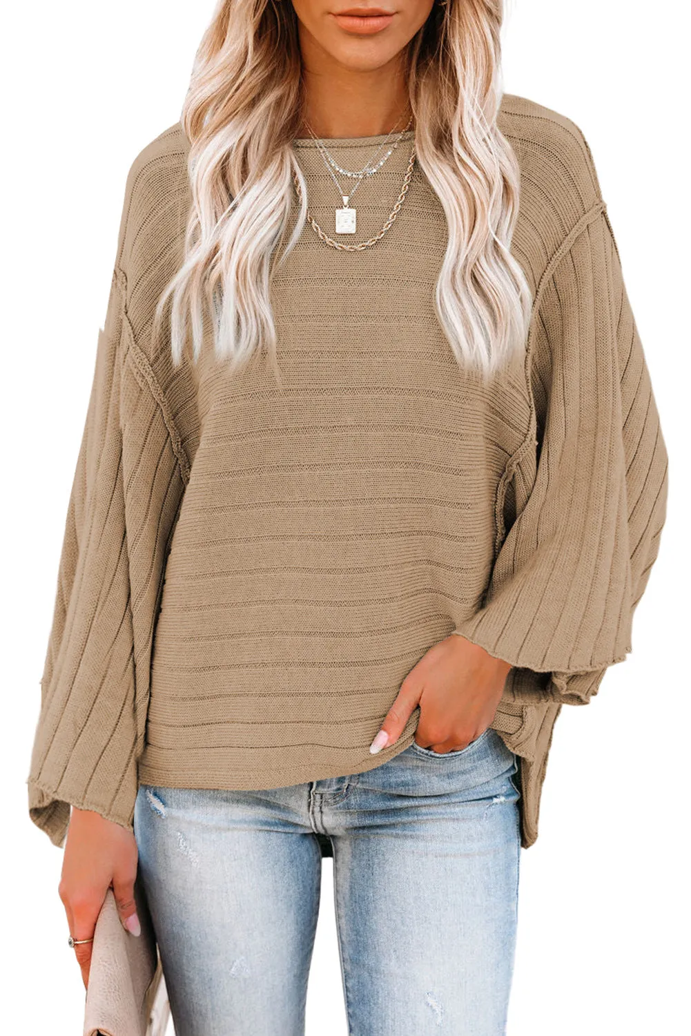 Brown Exposed Seam Ribbed Knit Dolman Top