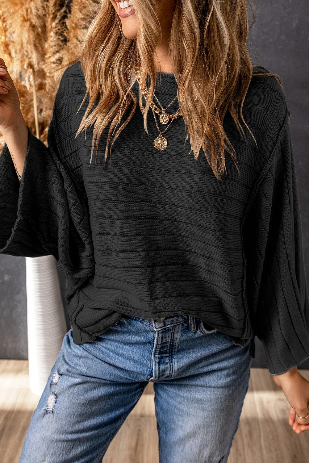 Brown Exposed Seam Ribbed Knit Dolman Top