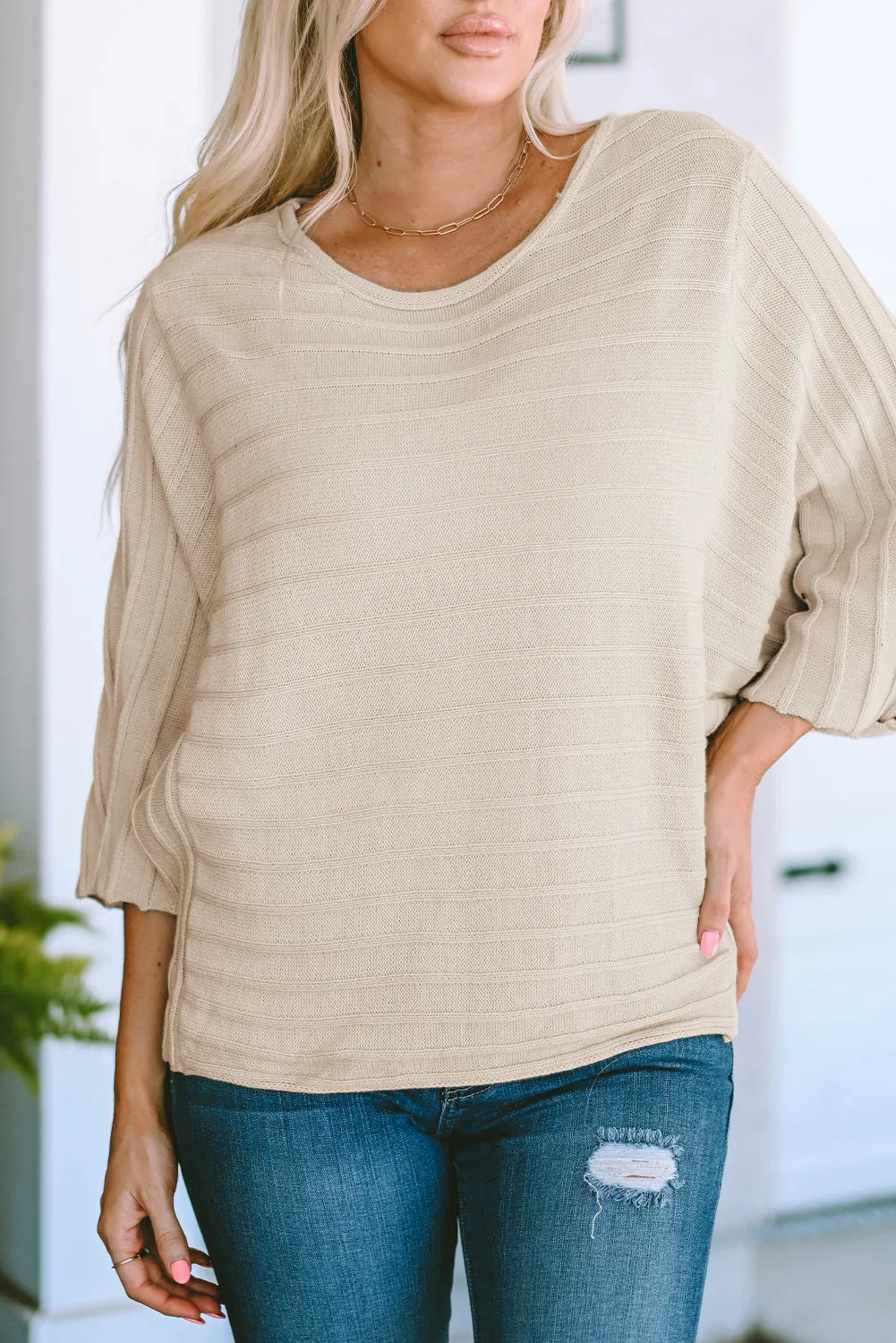 Brown Exposed Seam Ribbed Knit Dolman Top