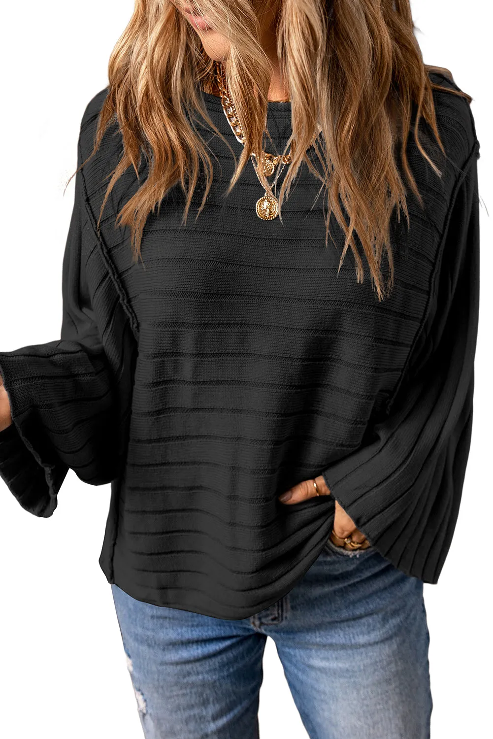 Brown Exposed Seam Ribbed Knit Dolman Top