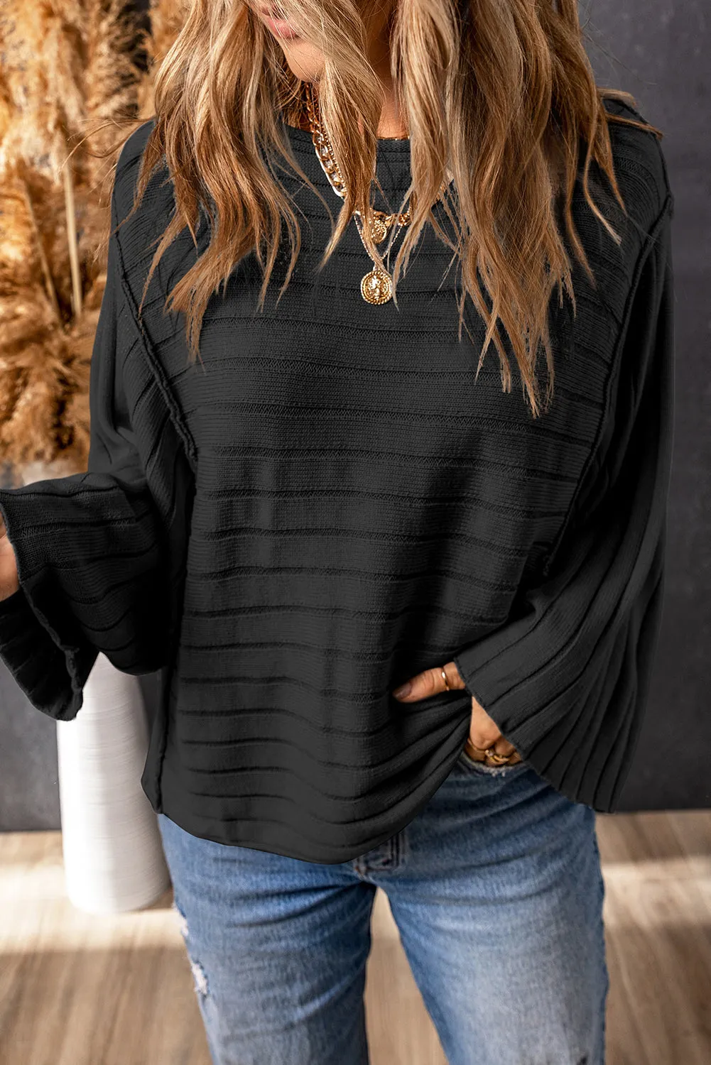 Brown Exposed Seam Ribbed Knit Dolman Top