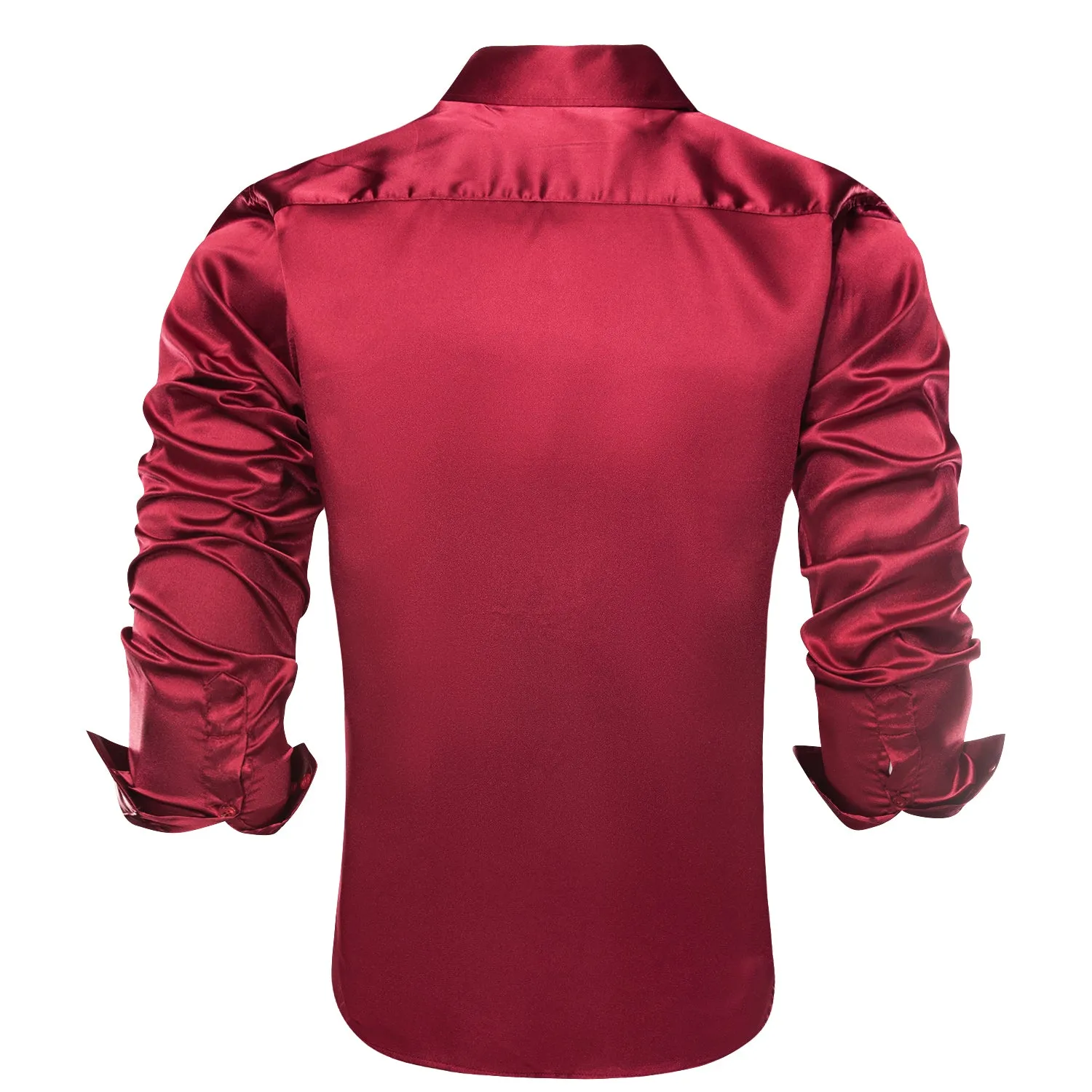 Burgundy Red Solid Satin Silk Men's Long Sleeve Business Shirt