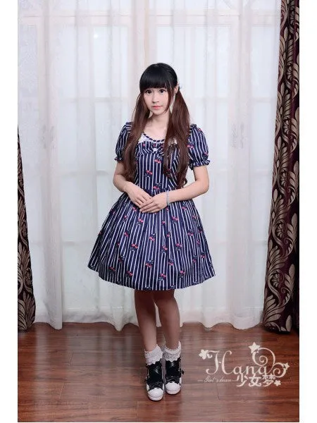 Cherry Stripe Ruffle Collar One Piece in Navy