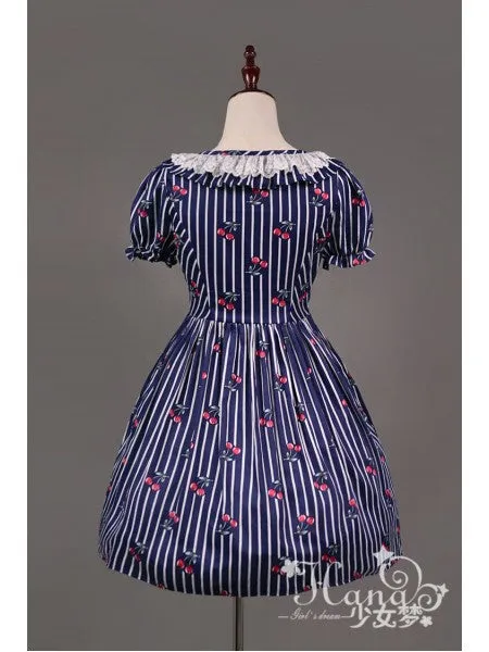 Cherry Stripe Ruffle Collar One Piece in Navy