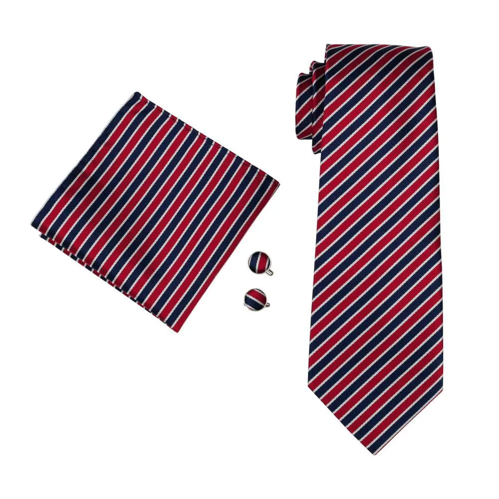 Classic Blue Red Striped Silk Men's Tie Pocket Square Cufflinks Gift Box Set