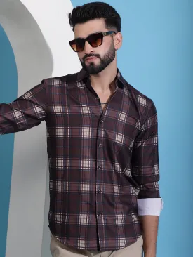 Coffee Brown Checked Cotton Casual Shirt For Men