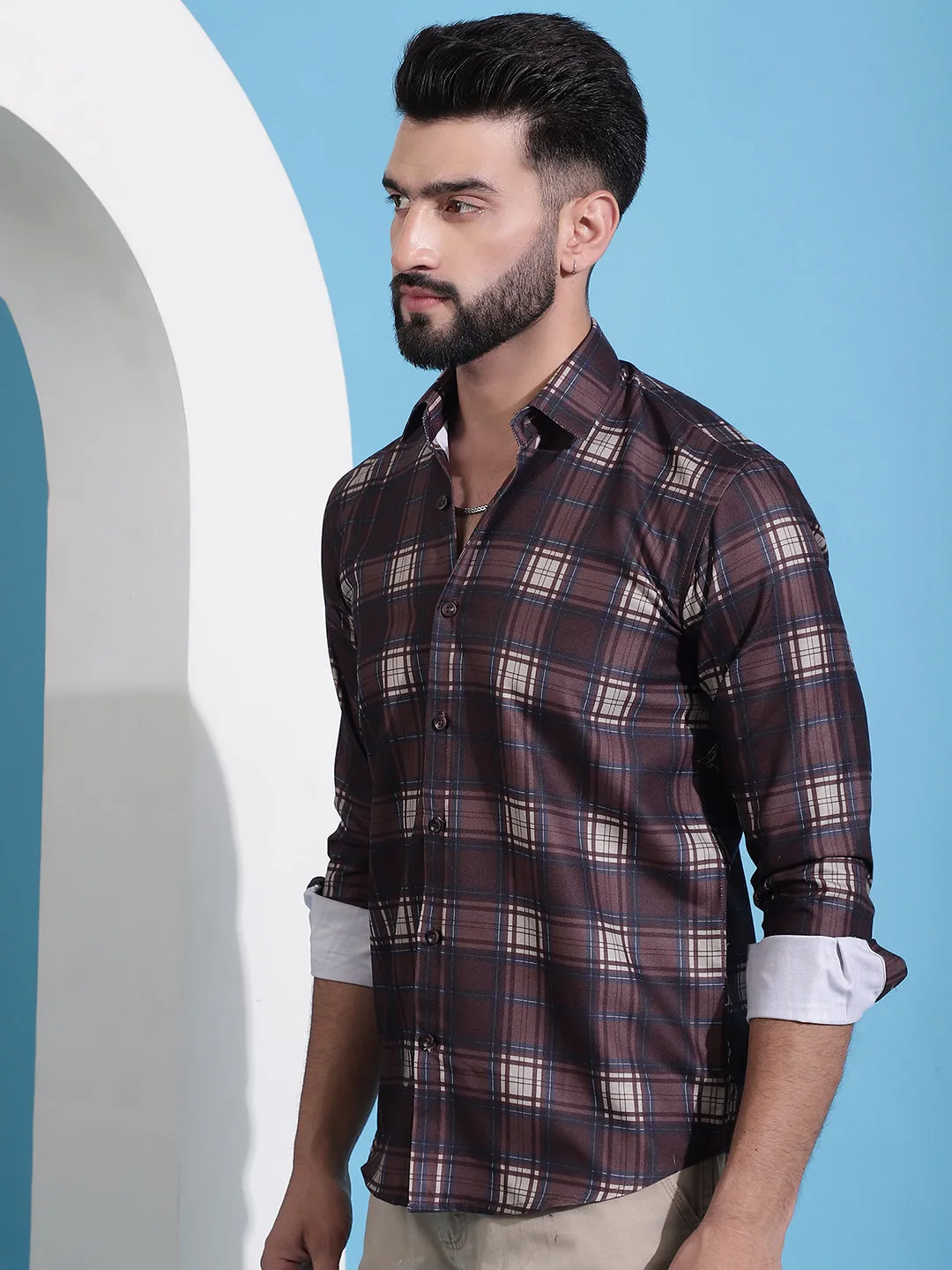 Coffee Brown Checked Cotton Casual Shirt For Men