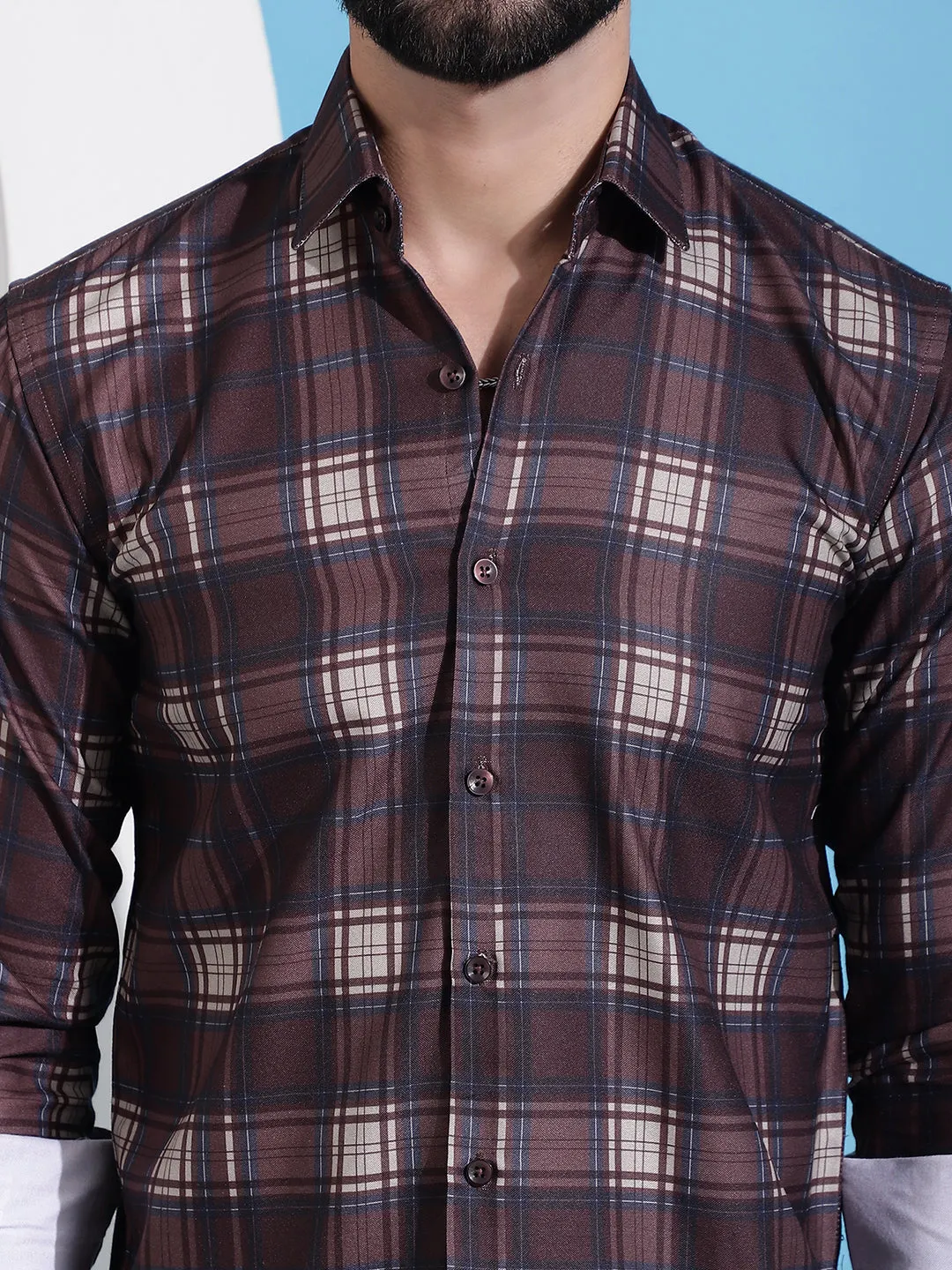 Coffee Brown Checked Cotton Casual Shirt For Men