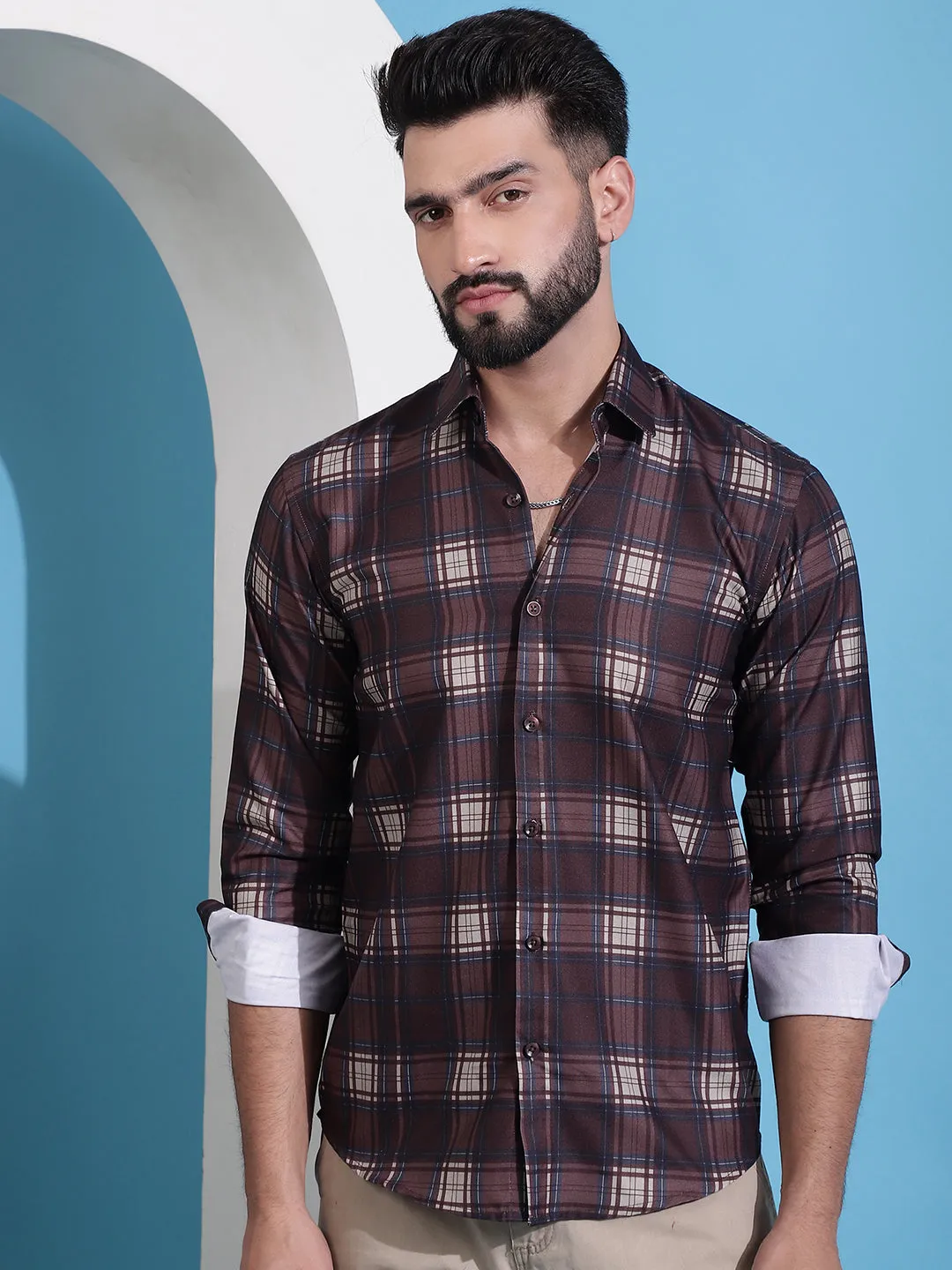 Coffee Brown Checked Cotton Casual Shirt For Men