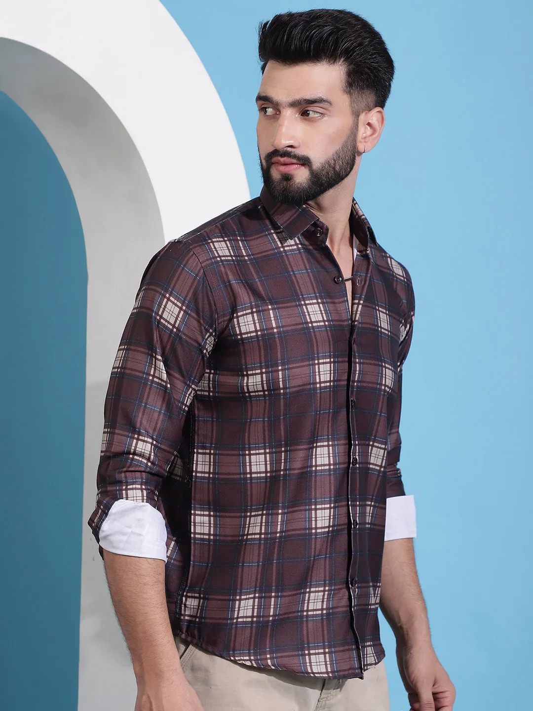 Coffee Brown Checked Cotton Casual Shirt For Men