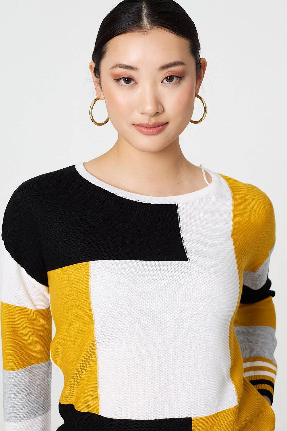 Colour Block Curve Hem Boat Neck Jumper